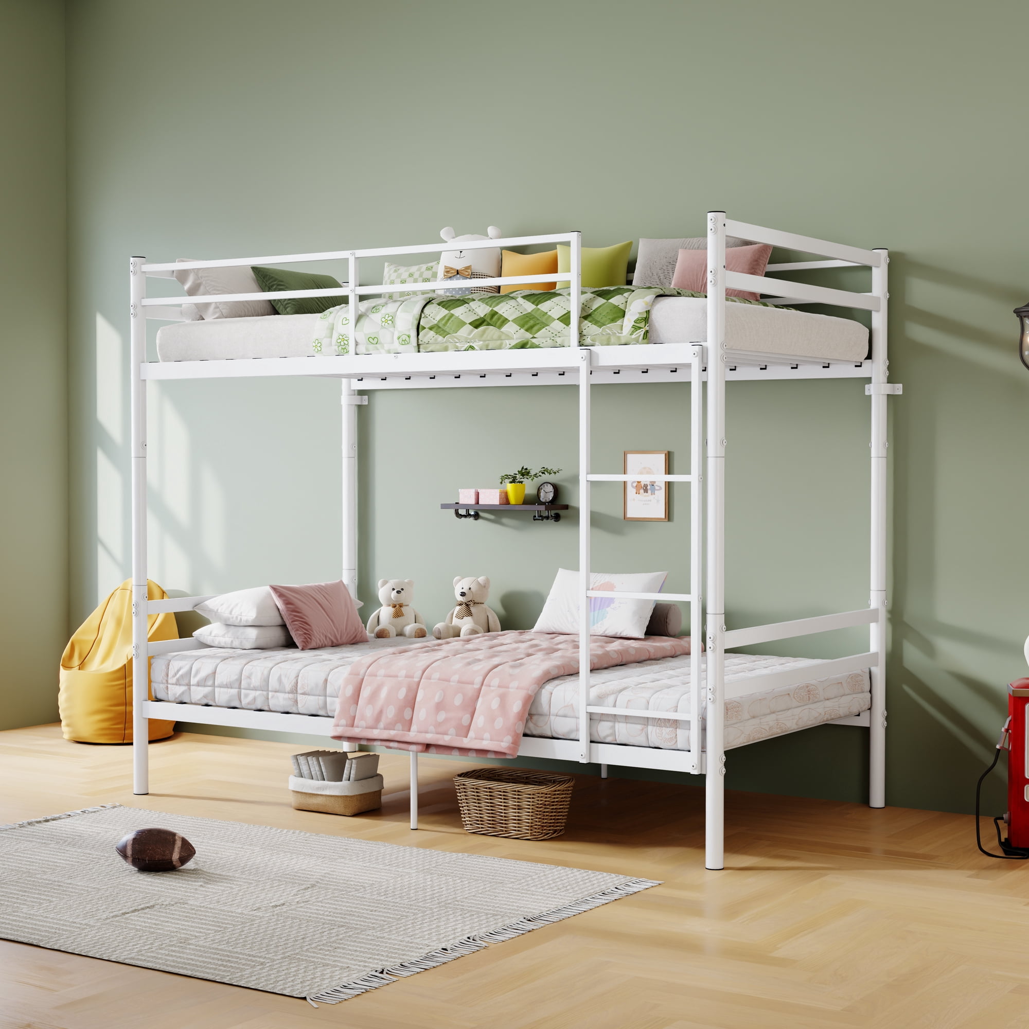 MAYEERTY Twin Over Twin Metal Bunk Bed with Ladder and High Guardrail, Heavy Duty Bed Frame, No Box Spring Needed, Space-Saving for Kids Bedroom Dorm