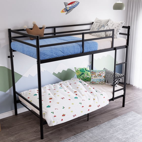 MAYEERTY Twin Over Twin Metal Bunk Bed with Ladder and High Guardrail, Space-Saving for Kids Teens Adults Bedroom Dorm, No Box Spring Needed