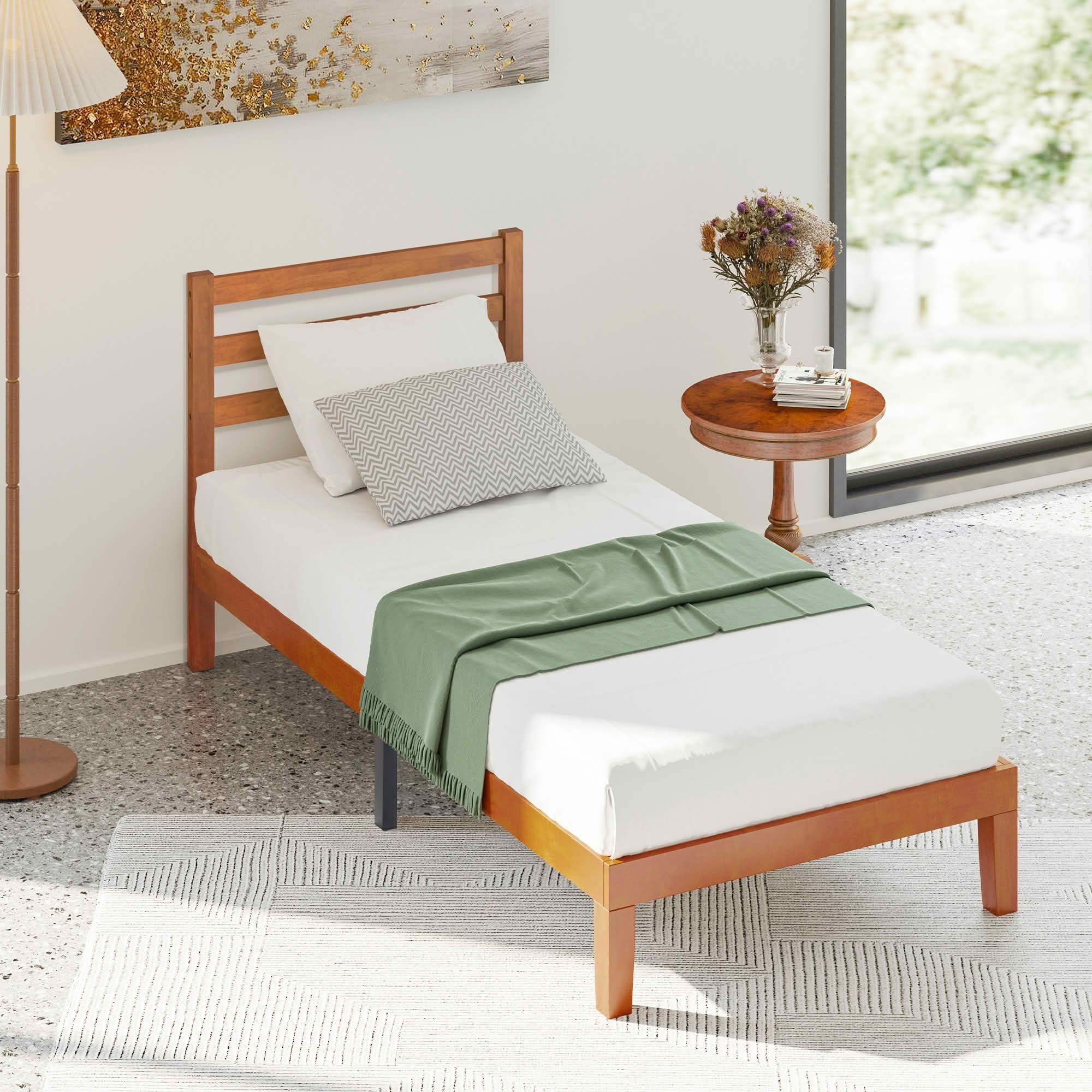 MAYEERTY Twin Size 1100 LBS Heavy Duty Solid Wood Bed Frame Mattress Base with Headboard Wooden Slat Support No Box Spring Needed
