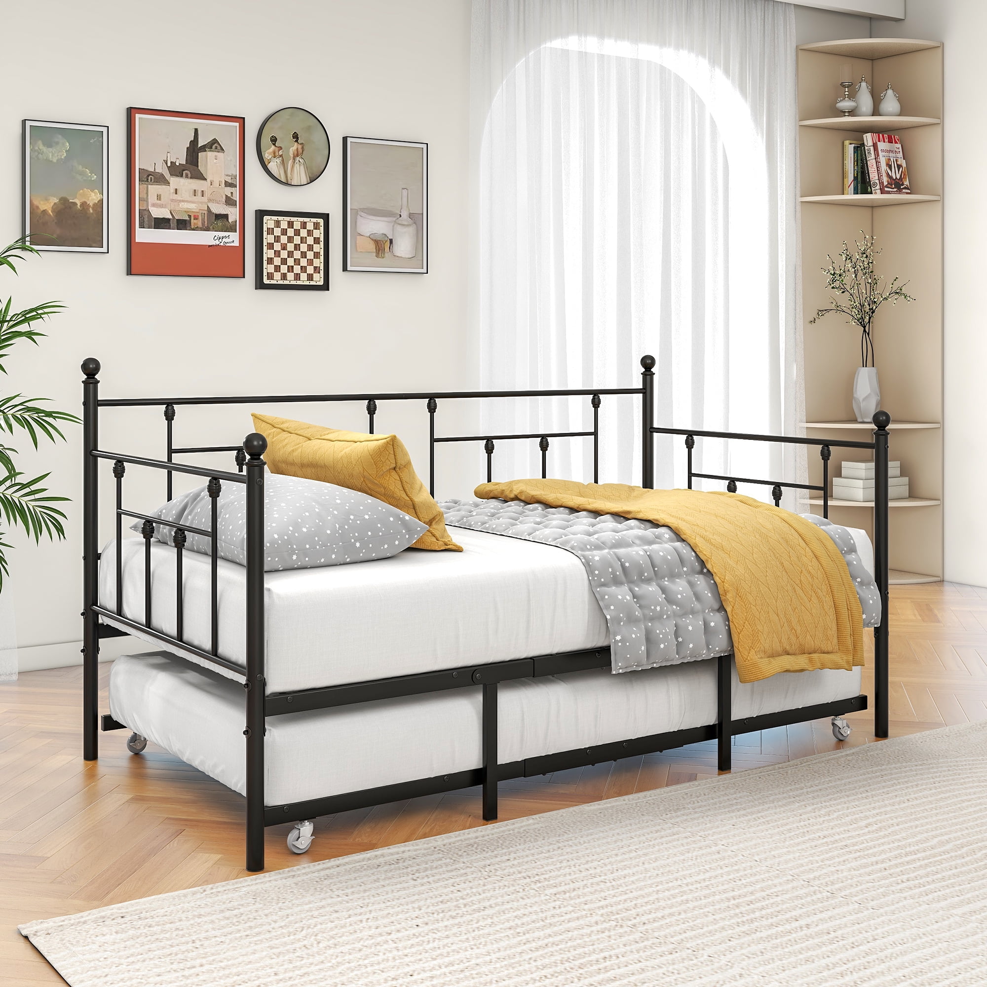 MAYEERTY Twin Size Black Victorian Style Metal Daybed with Trundle: Versatile Sofa Bed for Guest Room, Bedroom & Living Room​