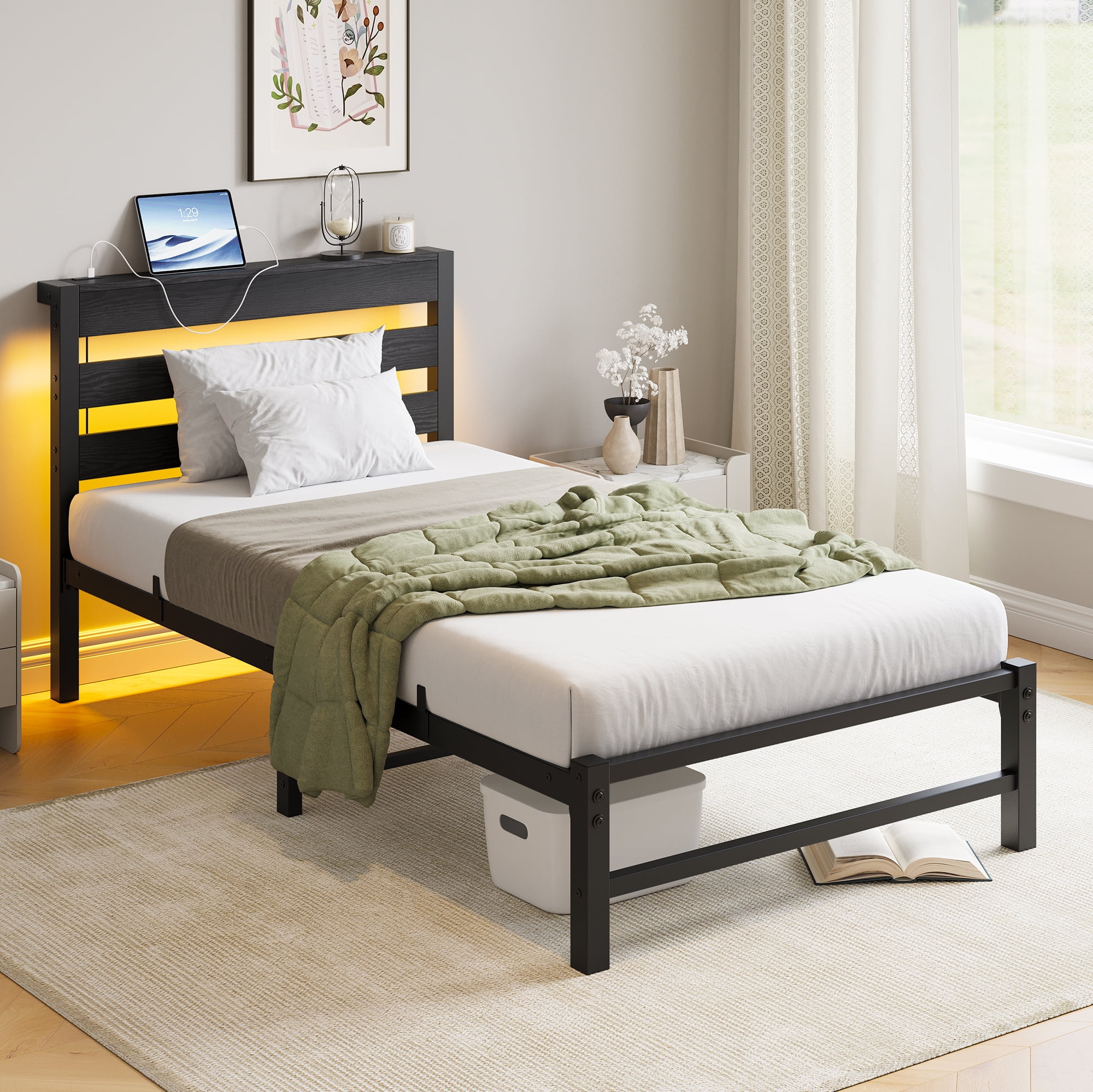 MAYEERTY Twin Size Heavy Duty Platform Bed Frame with Headboard, USB, LED, No Box Spring Needed, Noise Free, Black