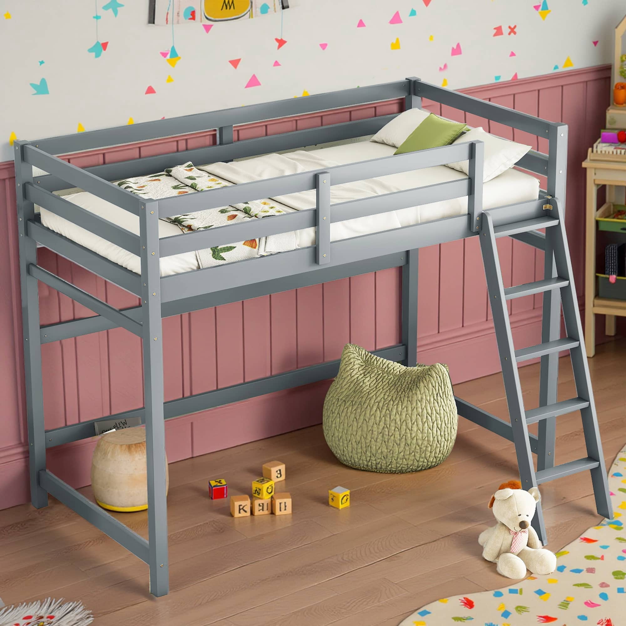 MAYEERTY Twin Size Loft Bed with Inclined Ladder, Guardrails, Grey