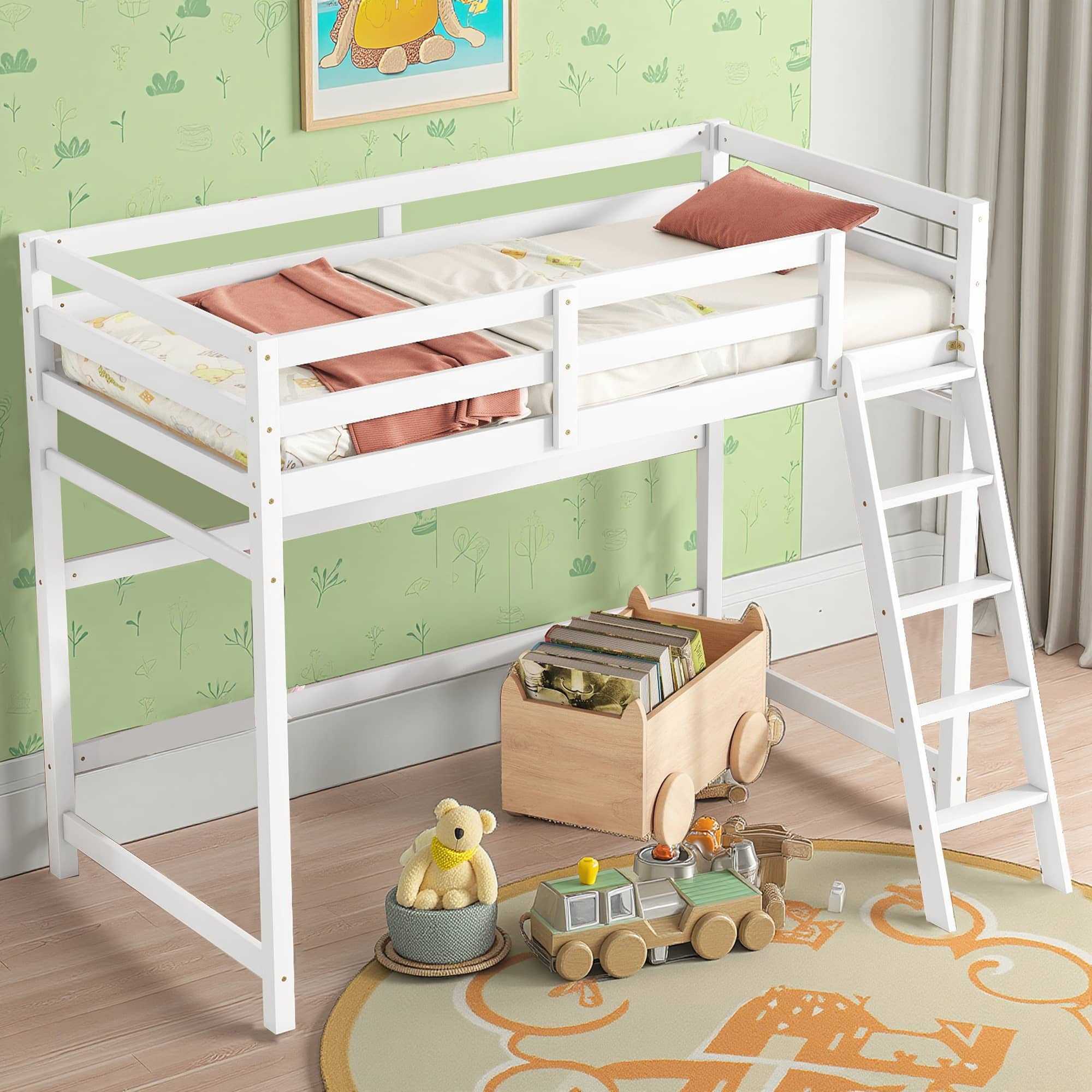 MAYEERTY Twin Size Loft Bed with Inclined Ladder, Guardrails, White