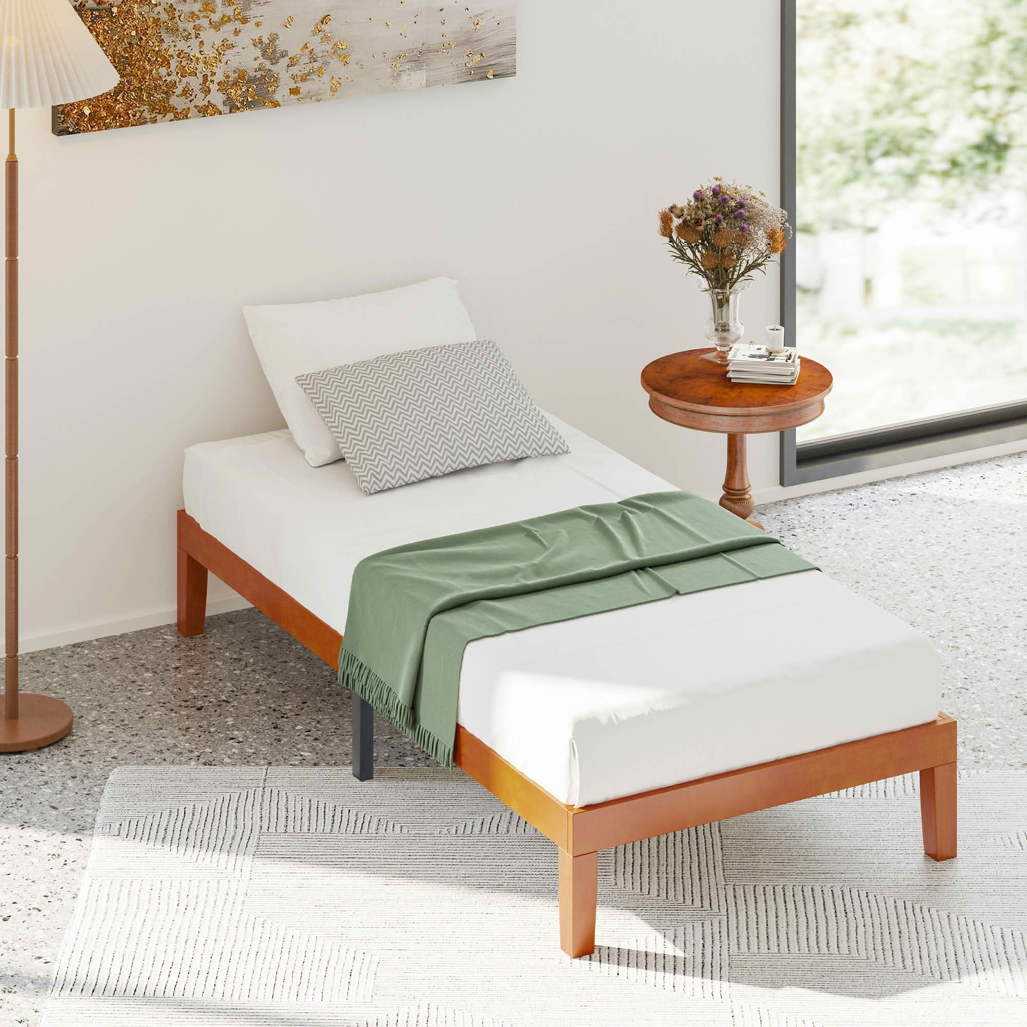 MAYEERTY Twin Size Solid Wood Platform Bed Frame Wooden Slat Support Noise-Free No Box Spring Required