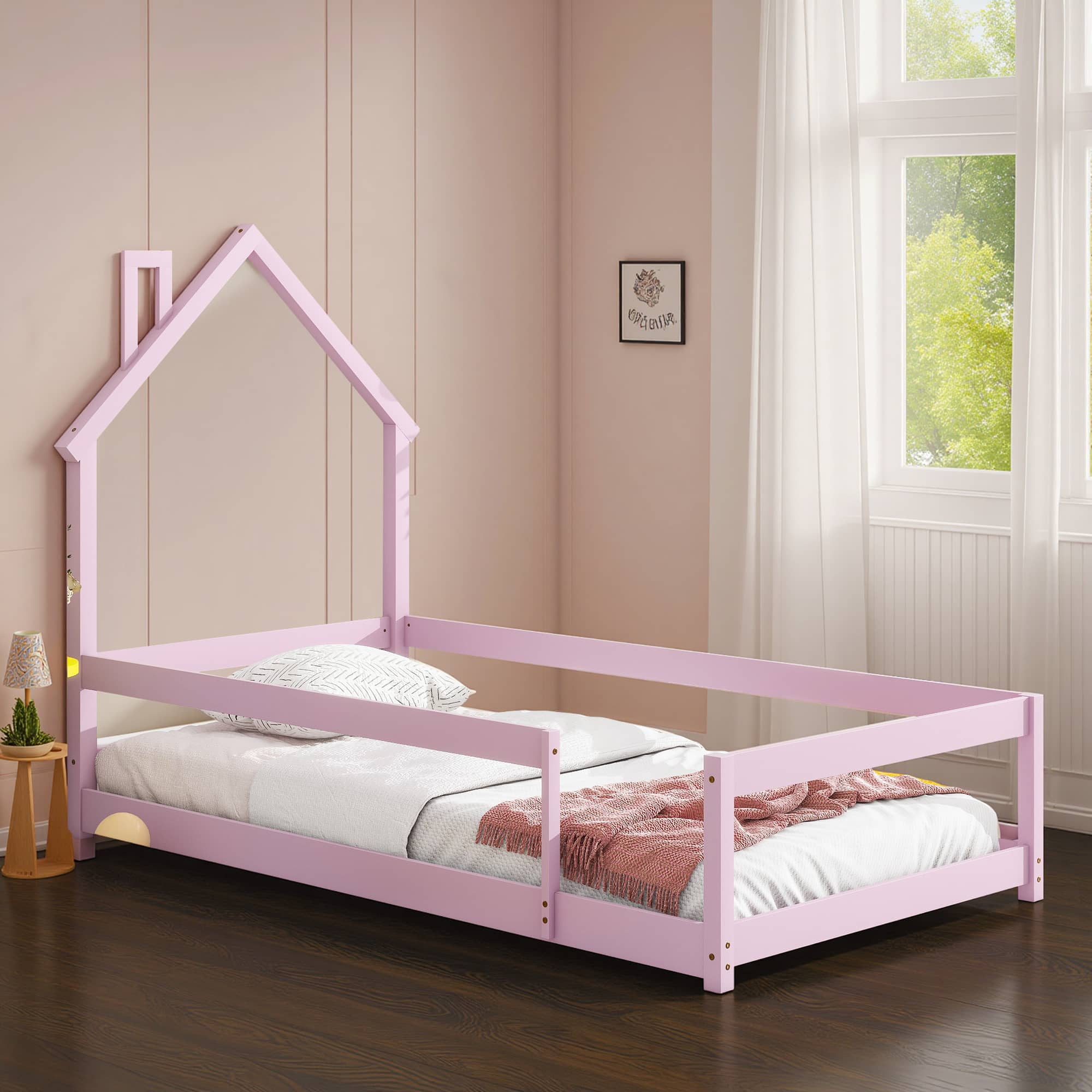 MAYEERTY Twin Size Wood Bed Frame with House-Shaped Headboard with Fences for Adult, Pink