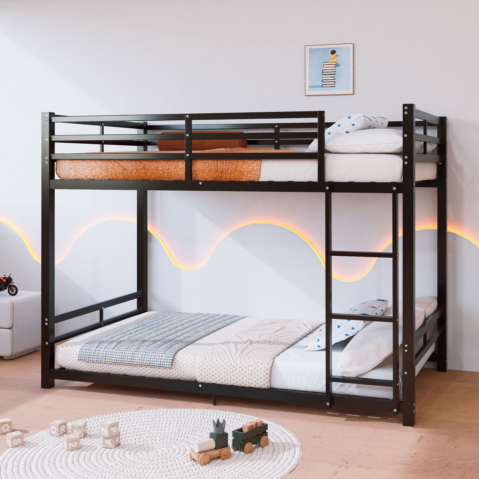 MAYEERTY Twin Over Twin Metal Bunk Bed with High Guardrail and Ladder, Heavy Duty Low Profile Bed Frame, for Kids Teens Adults Bedroom Dorm, No Box Spring Needed