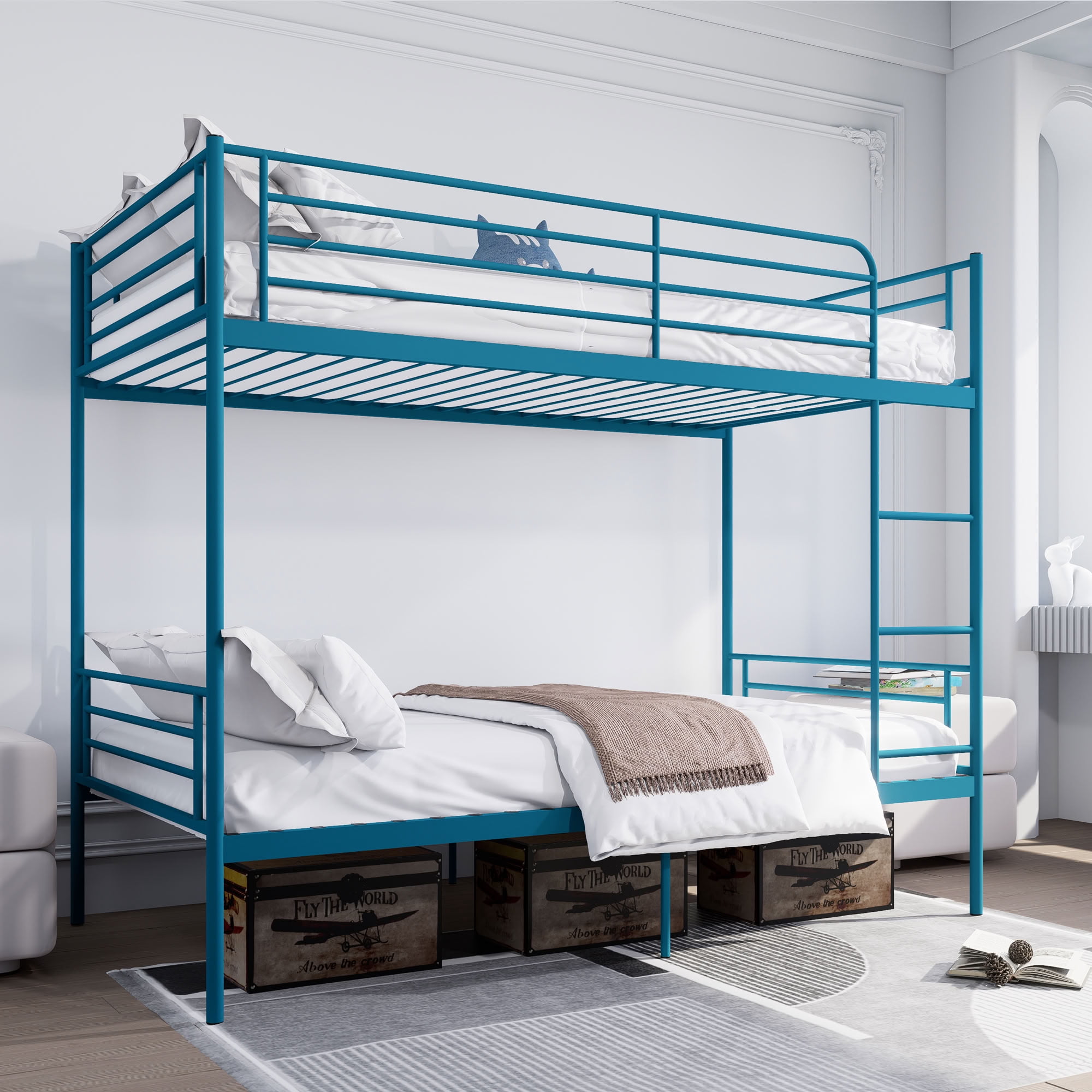 MAYEERTY Twin Over Twin Metal Bunk Bed with Ladder and High Guardrail, Heavy Duty Steel Frame, Space-Saving Bed for Kids Teens Adults Bedroom Dorm, No Box Spring Needed