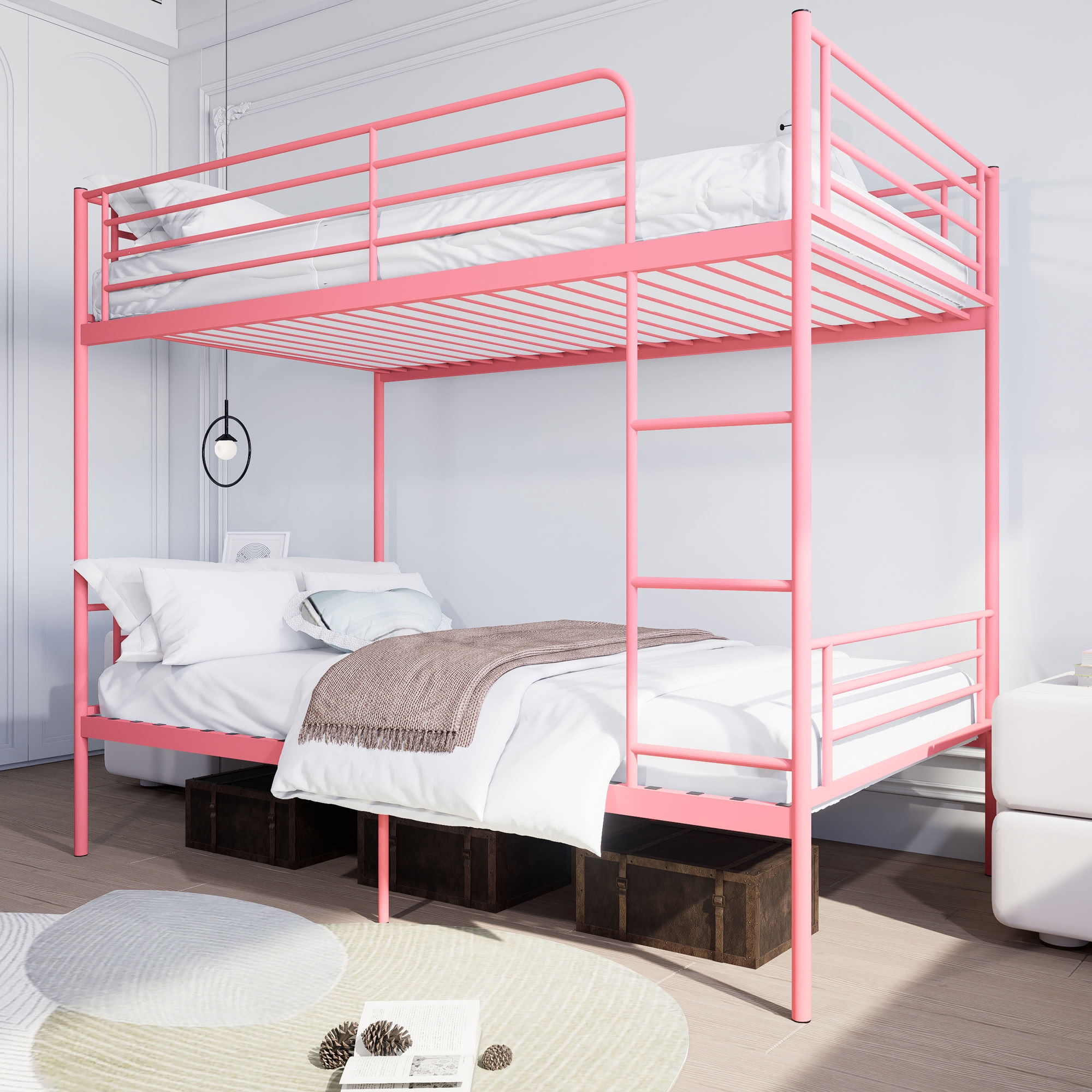 MAYEERTY Twin Over Twin Metal Bunk Bed with Ladder and High Guardrail, Heavy Duty Steel Frame, Space-Saving Bed for Kids Teens Adults Bedroom Dorm, No Box Spring Needed
