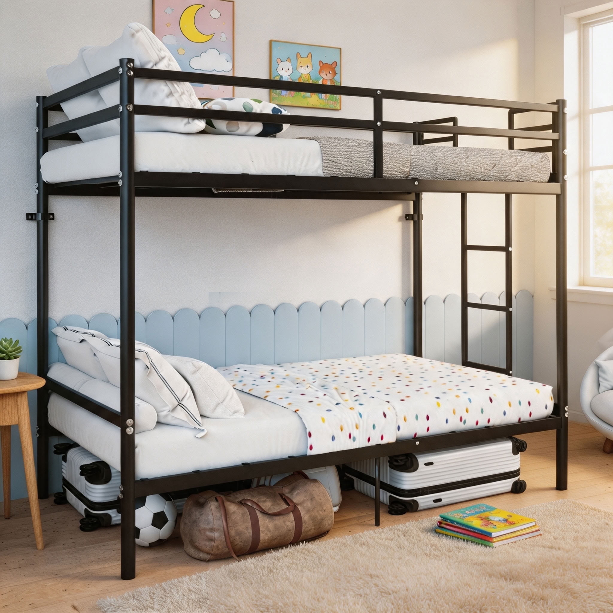MAYEERTY Twin Over Twin Metal Bunk Bed with Ladder and High Guardrail, Split into 2 Separate Twin Beds, Noise-Free Storage Space, for Kids Teens Adults Bedroom Dorm