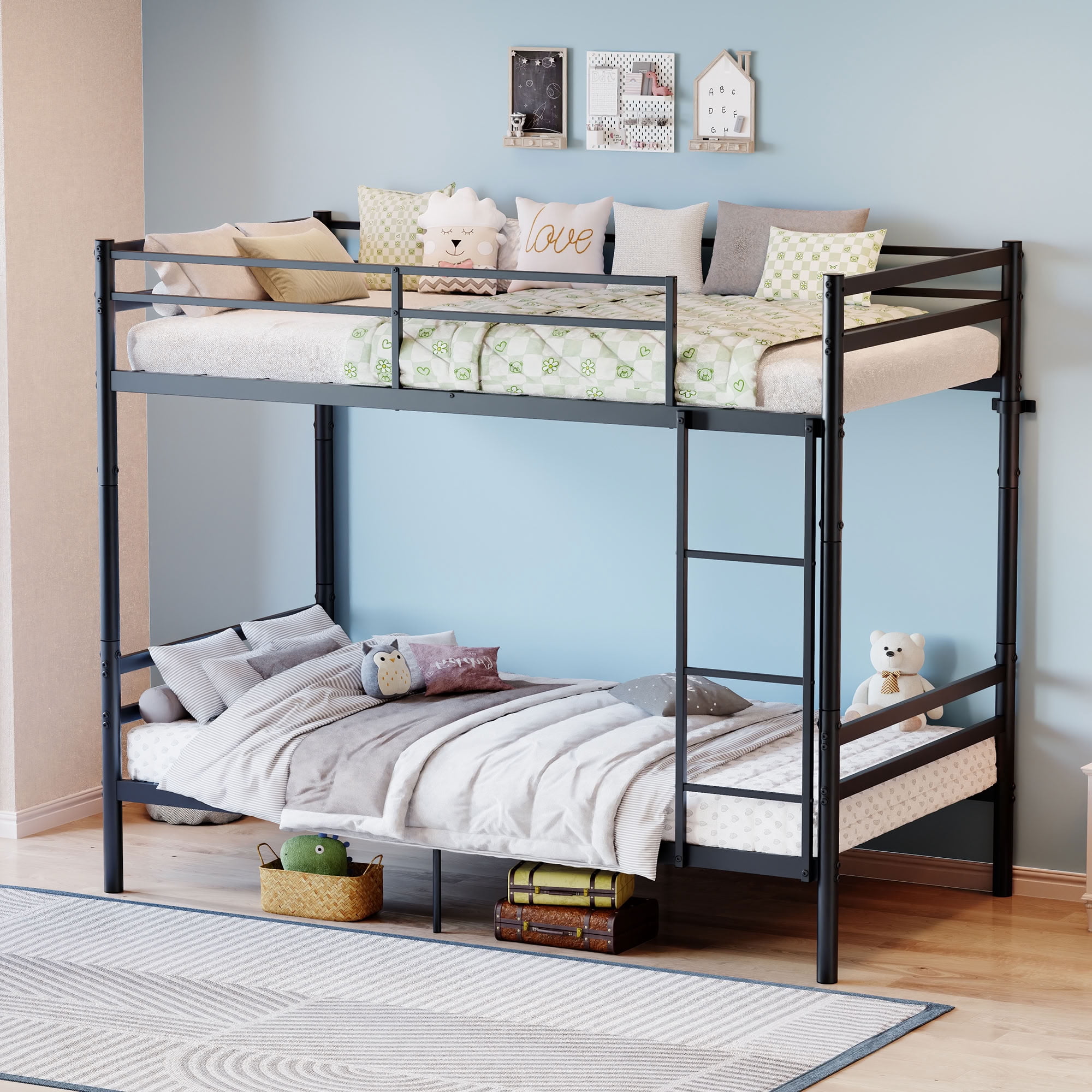 MAYEERTY Twin Over Twin Metal Bunk Bed with Ladder and High Guardrail, Splittable into 2 Individual Twin Beds, for Kids Teens Adults Bedroom Dorm, No Box Spring Needed