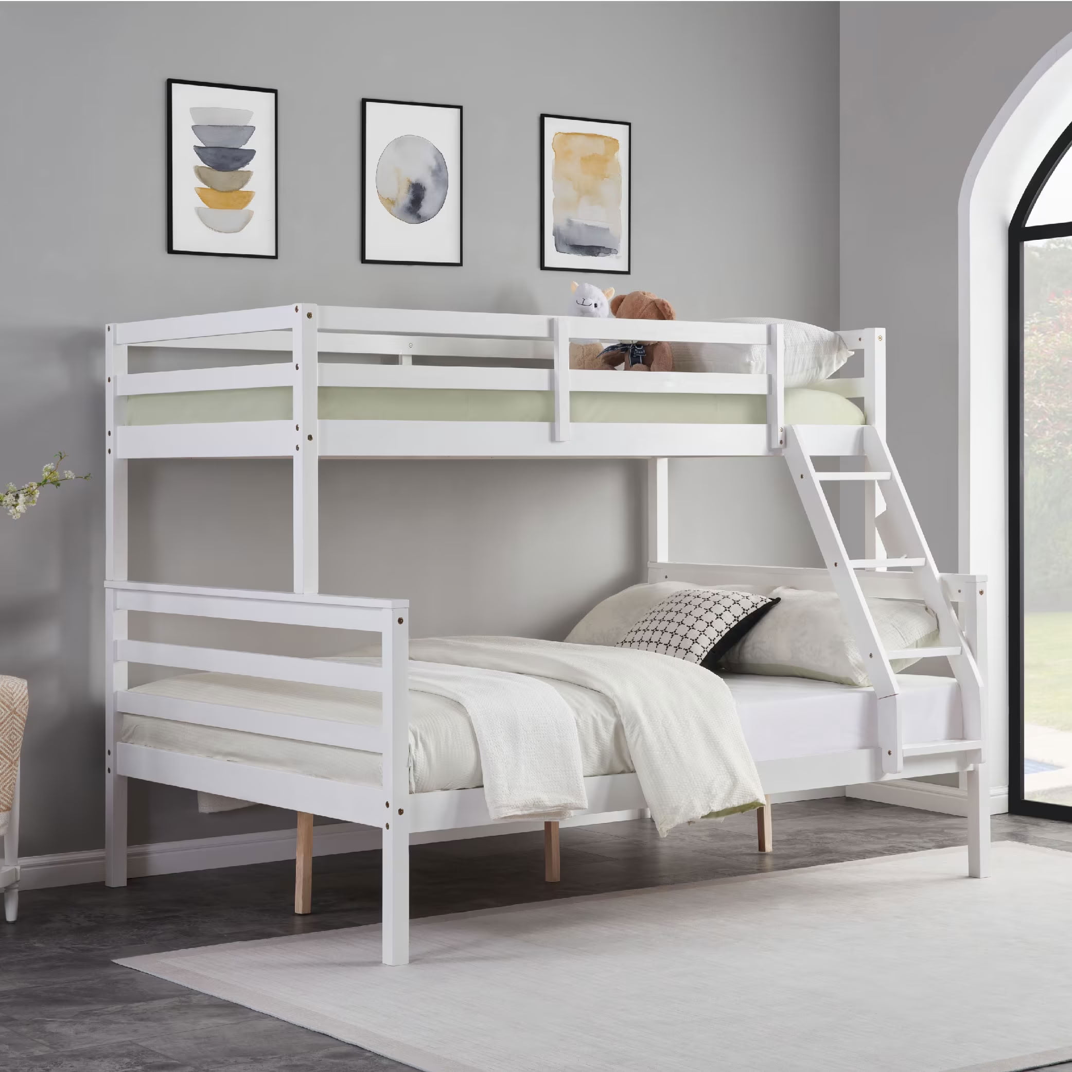 MAYEERTY Twin over Full Wooden Bunk Bed with Ladder and High Guardrail, Space-Saving Bunk Bed for Kids, Teens, Dorm Rooms, and Guest Rooms