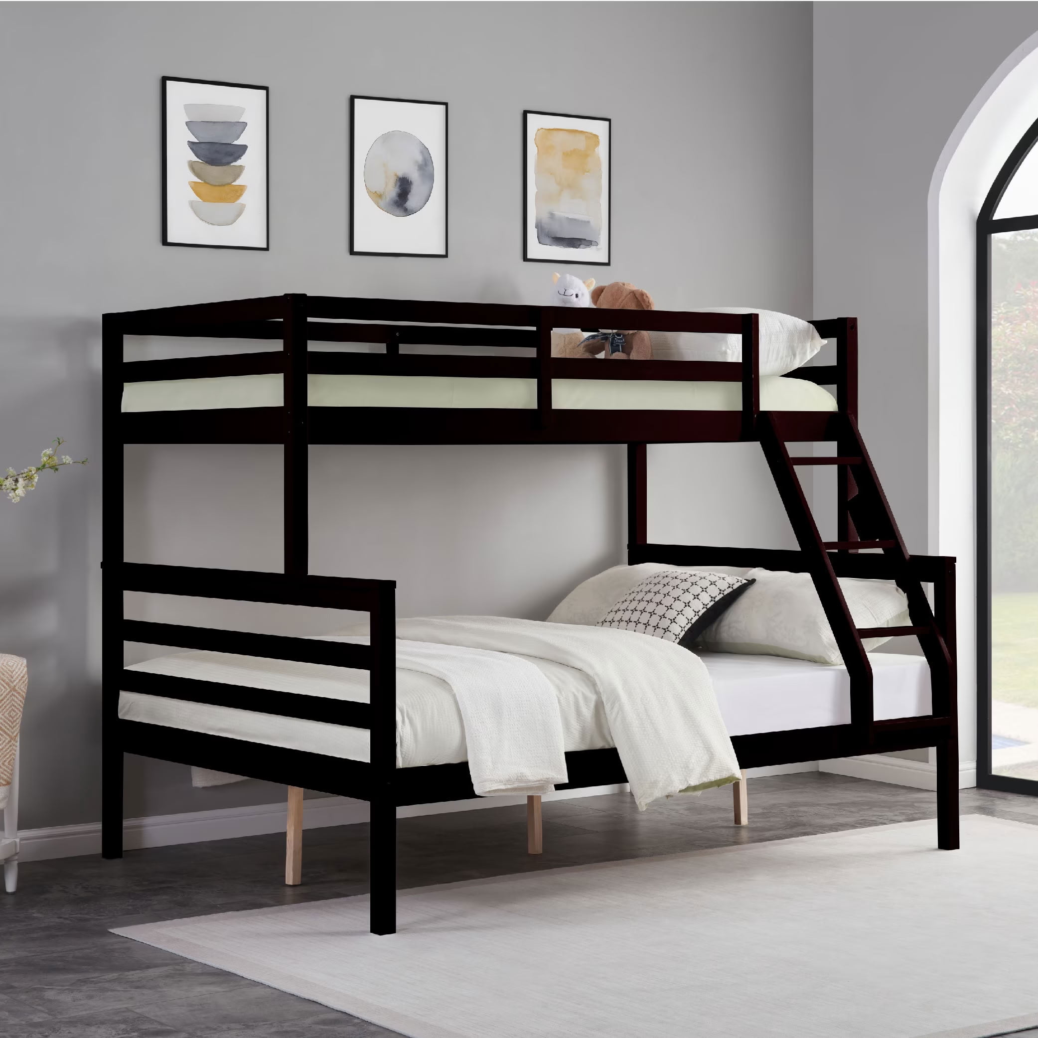 MAYEERTY Twin over Full Wooden Bunk Bed with Ladder and High Guardrail, Space-Saving Bunk Bed for Kids, Teens, Dorm Rooms, and Guest Rooms