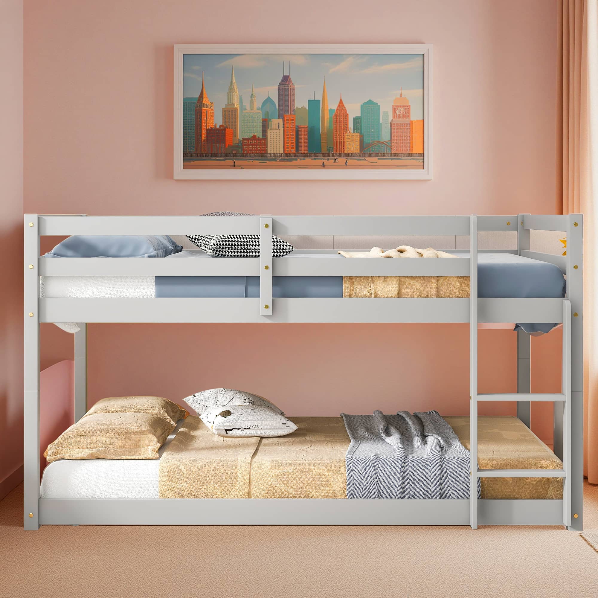 MAYEERTY Twin over Twin Floor Bunk Bed, Wood Bed Frame, Grey