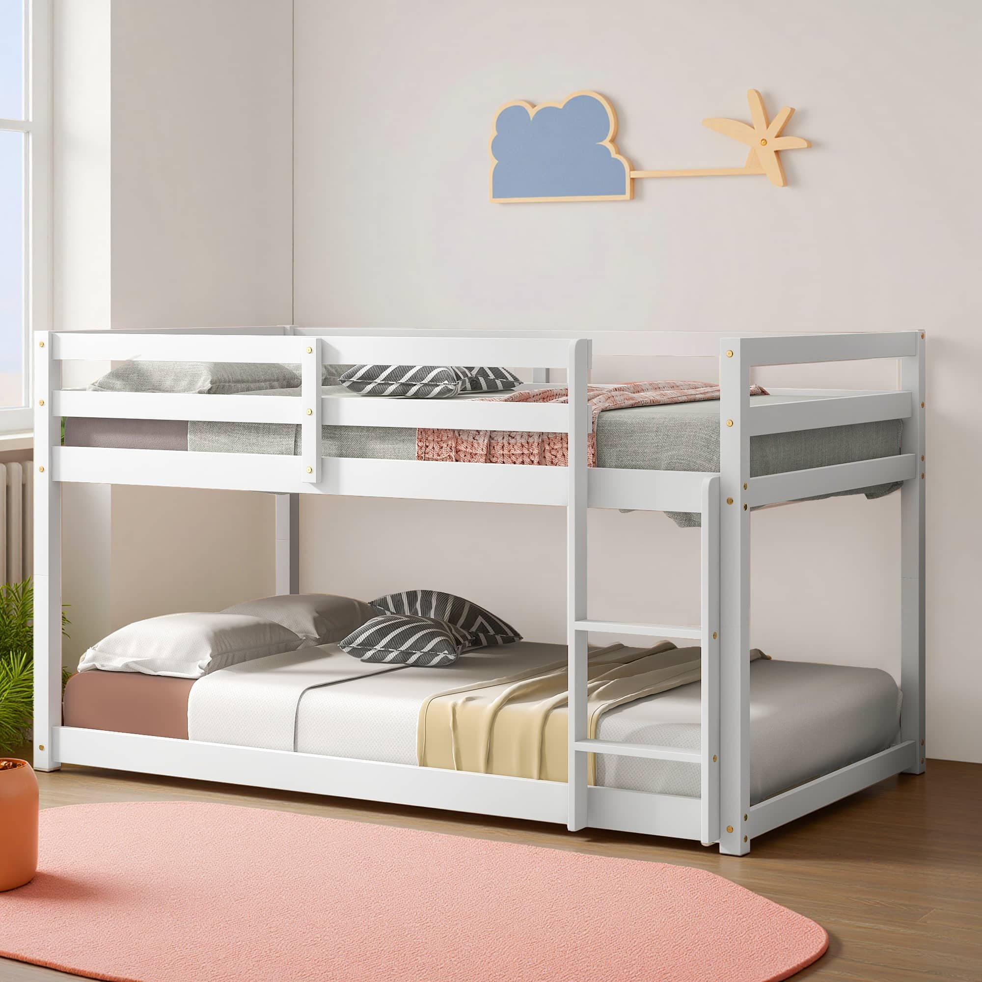 MAYEERTY Twin over Twin Floor Bunk Bed, Wood Bed Frame, White