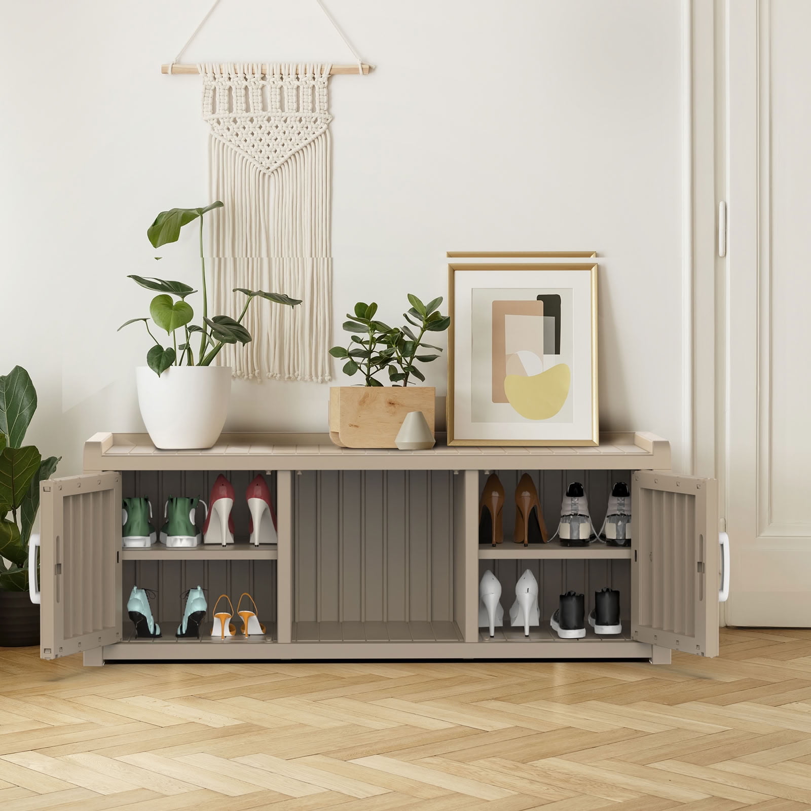 MAYEERTY Two-Door Entry Shoe Storage Cabinet, Weatherproof Shoe Organizer Seat with Removable Layers