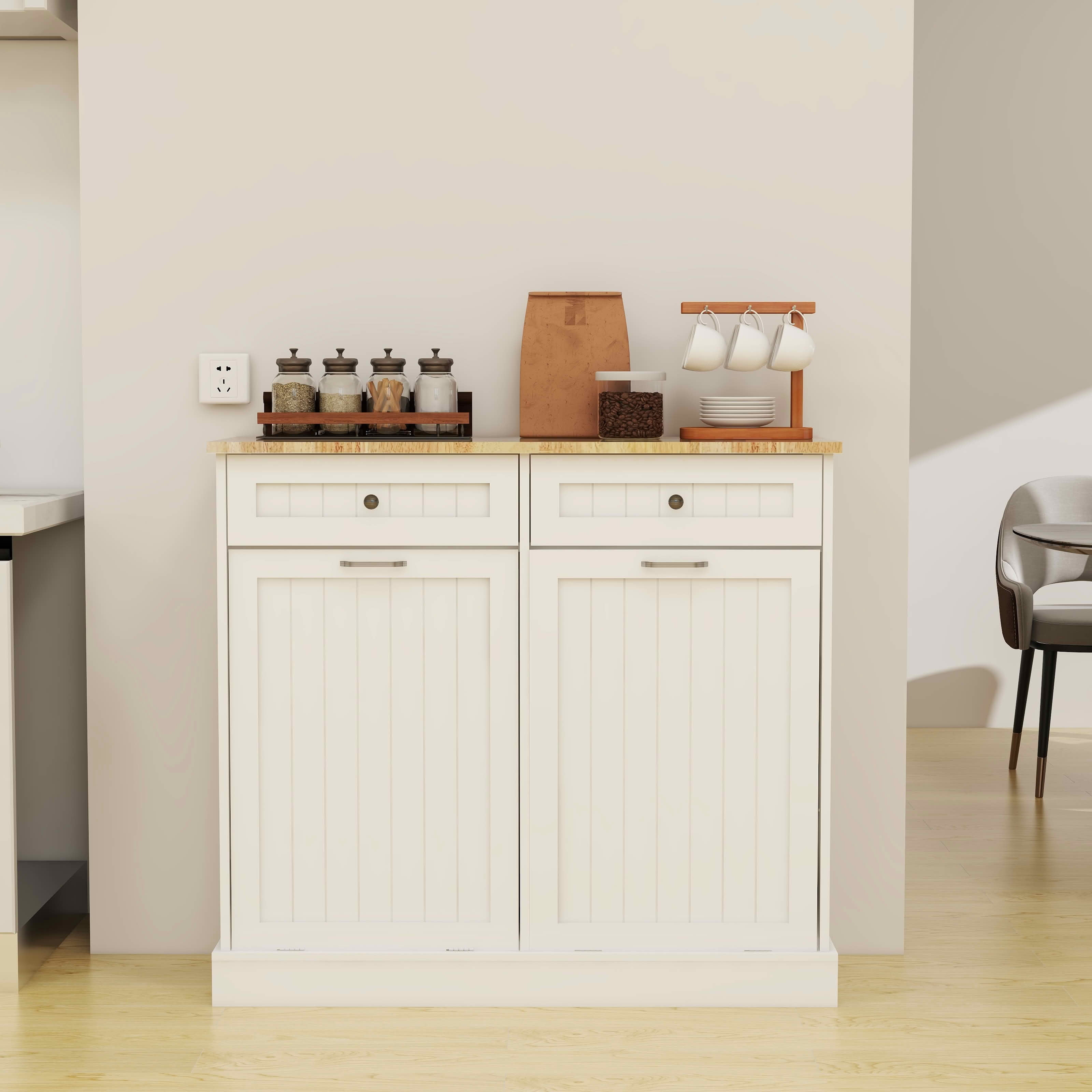 MAYEERTY Two Drawers Two-Compartment Tilt-Out Trash Cabinet for Kitchen White