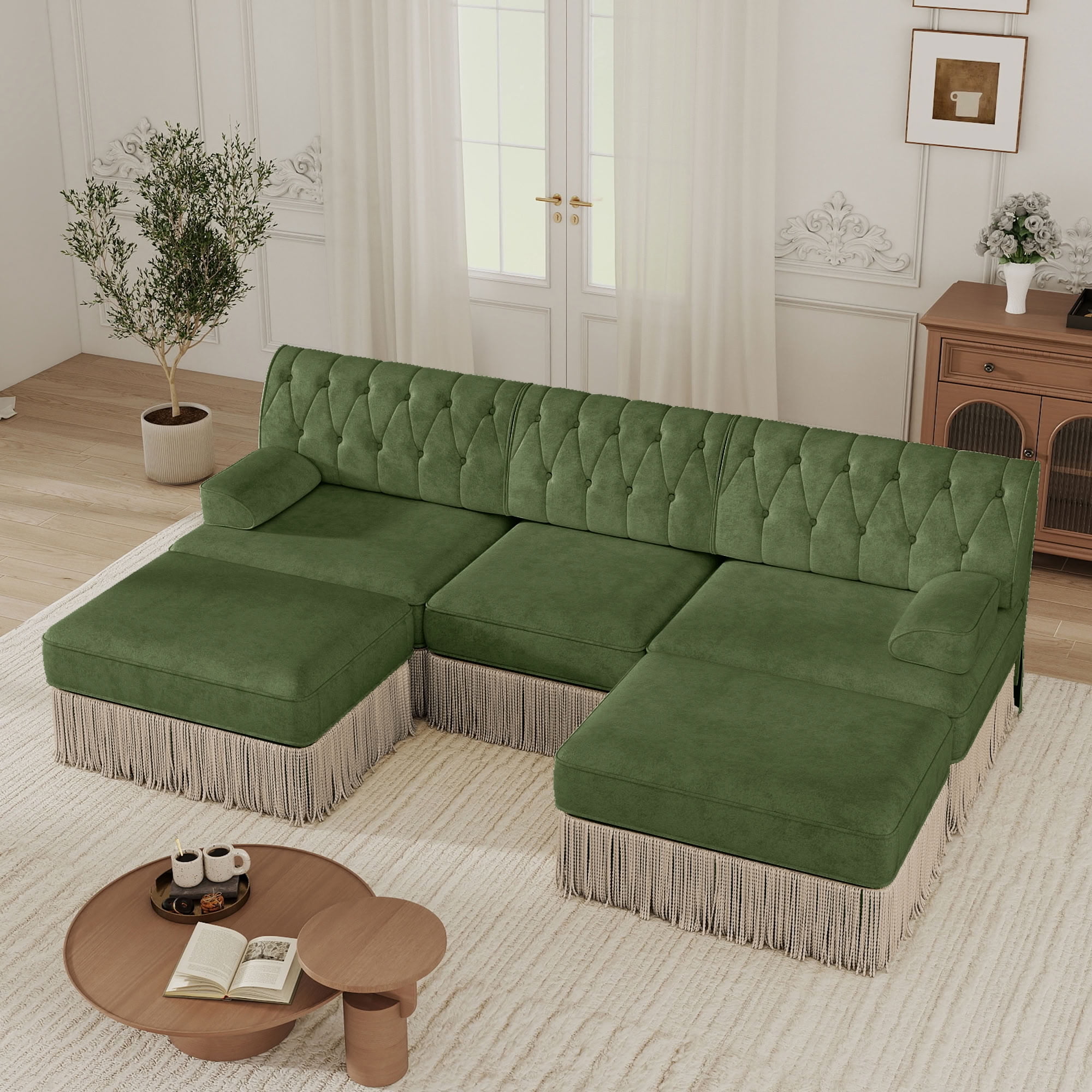 MAYEERTY U-Shape Chesterfield Modular Sofa, Tassel Sectional Couch with Double Ottomans for Living & Bedroom Home Decor