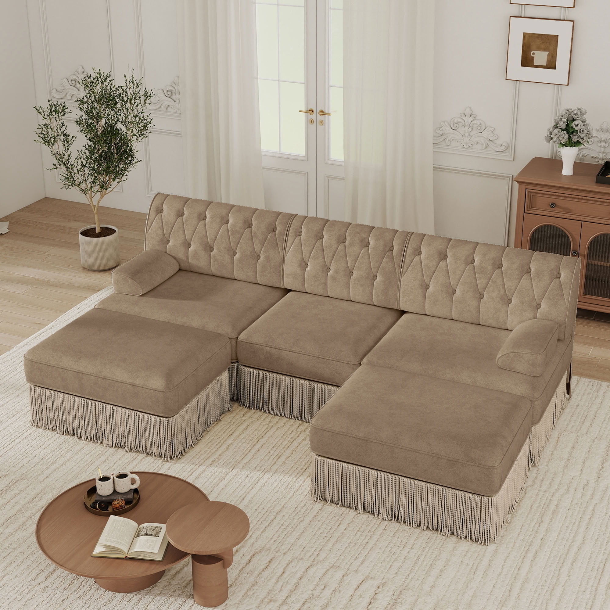 MAYEERTY U-Shape Chesterfield Modular Sofa, Tassel Sectional Couch with Double Ottomans for Living & Bedroom Home Decor