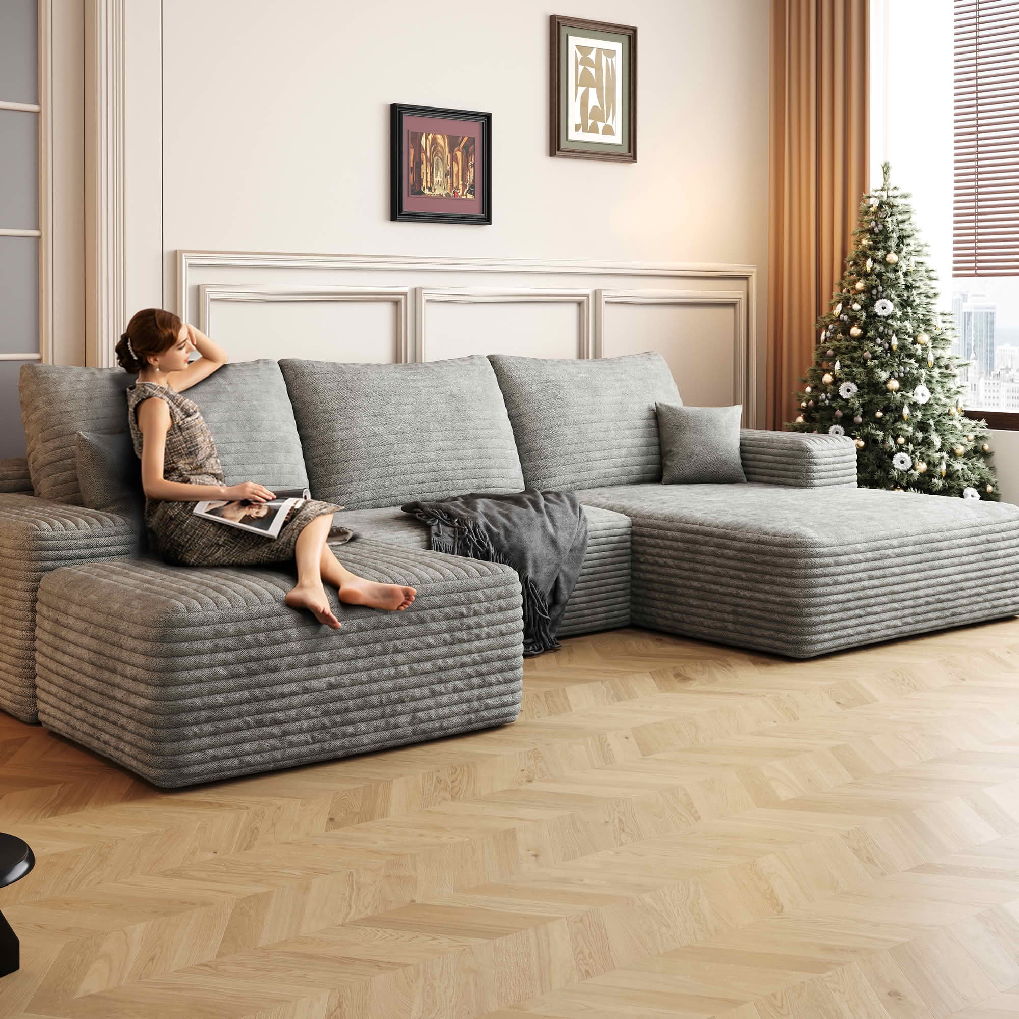 MAYEERTY U-Shaped Modular Cloud Sofa, Plush Corduroy Corner Couch with Ottoman, No Assembly Deep Seat Sofa for Indoor Use