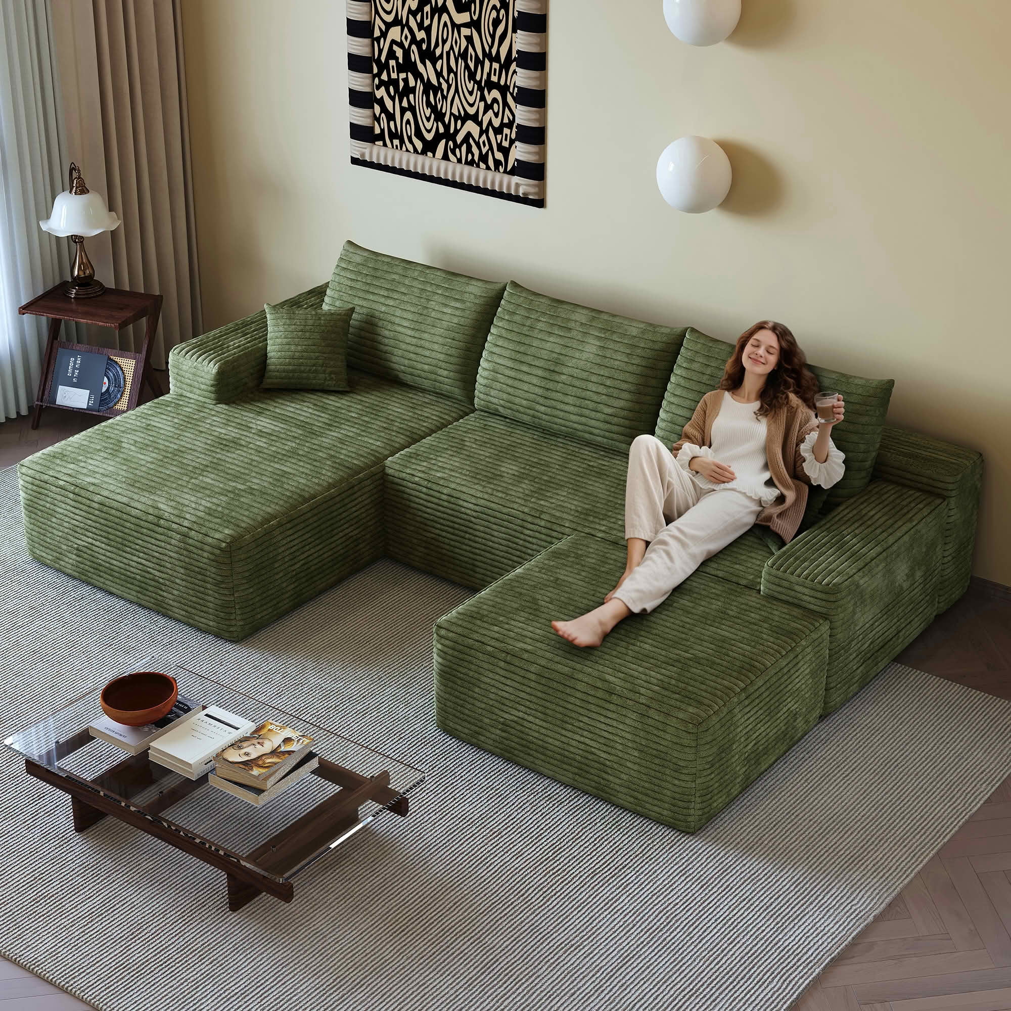 MAYEERTY U-Shaped Modular Cloud Sofa, Plush Corduroy Corner Couch with Ottoman, No Assembly Deep Seat Sofa for Indoor Use