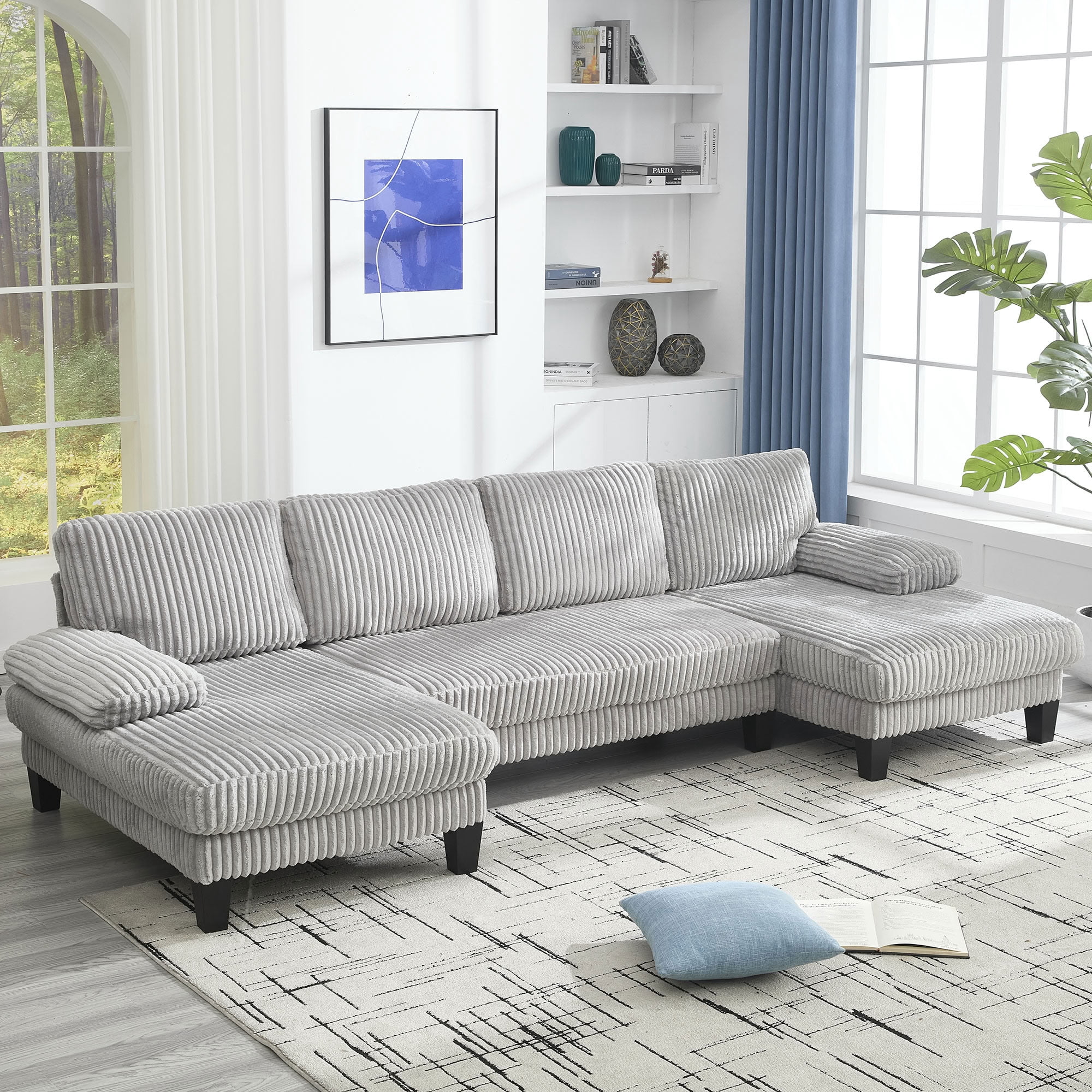 MAYEERTY U-Shaped Sectional Sofa with Double Chaise, 4-Seater Oversized Deep Seat Corduroy Couch with Side Armrest Pockets, for Living Room Apartment