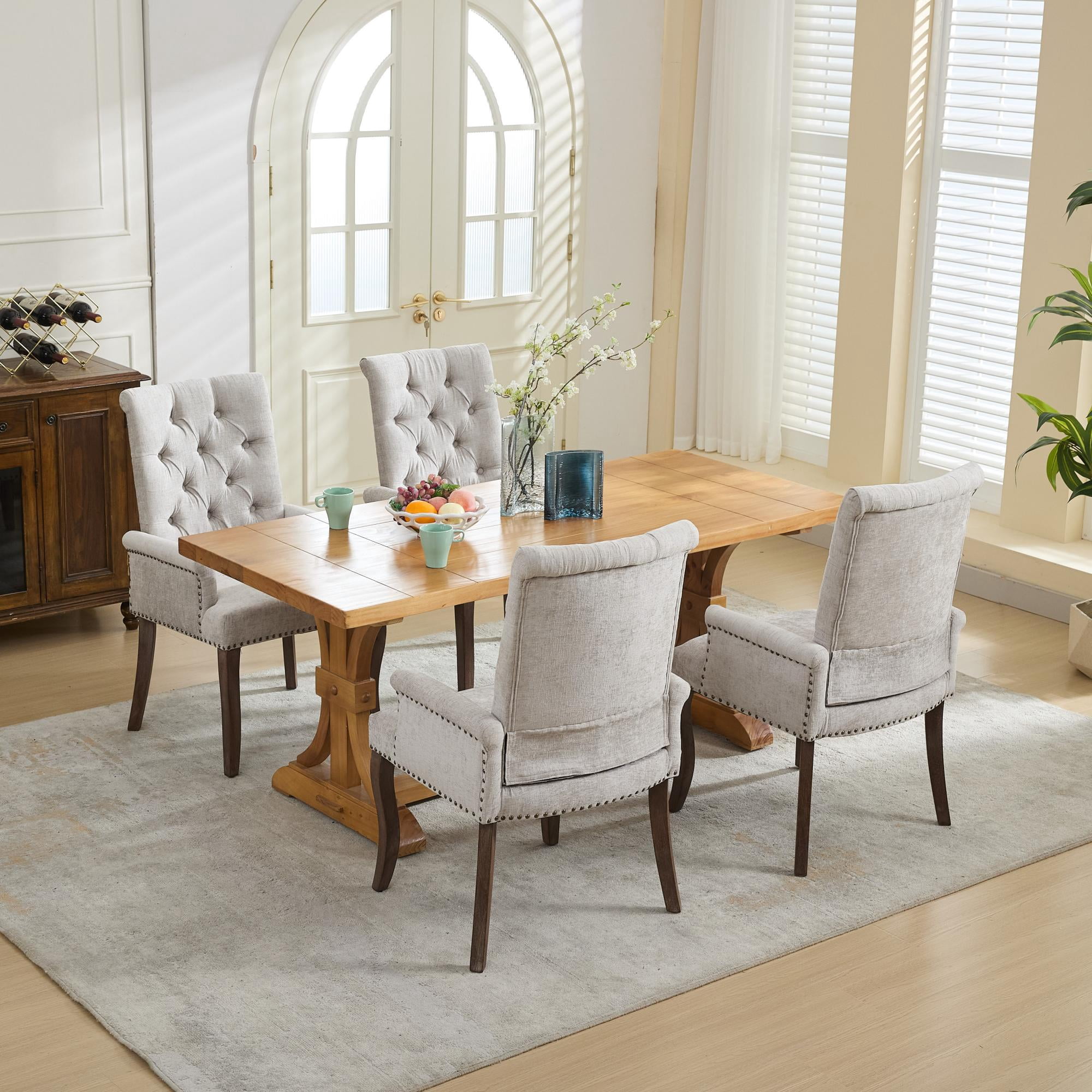 MAYEERTY Upholstered Chenille Dining Chair - Curved Solid Wood Legs, Tufted Design, Armrests, Beige, Single Pack