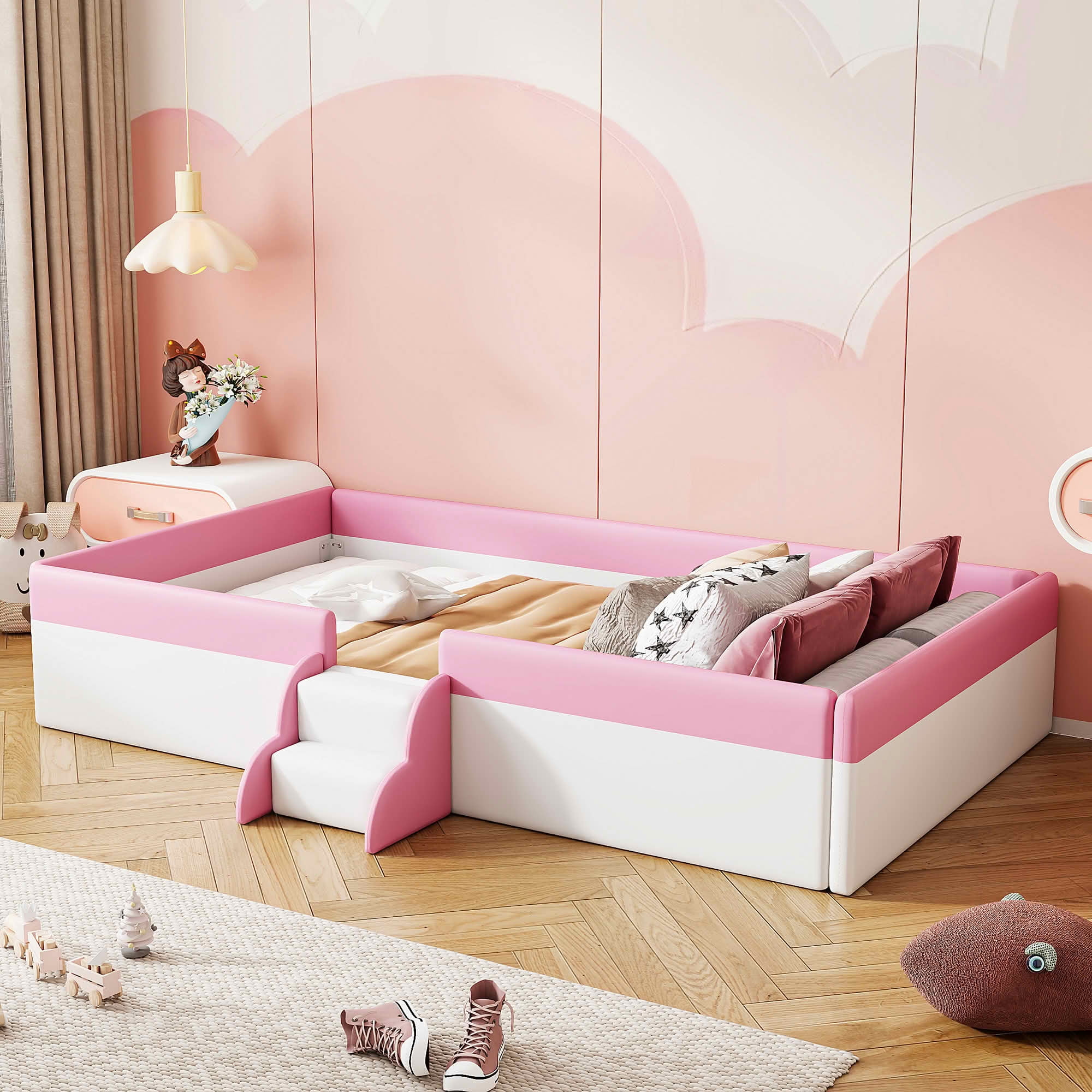 MAYEERTY Upholstered Floor Bed Frame with Fence & Staircase Design, Sturdy Slat Support & Easy Assembly