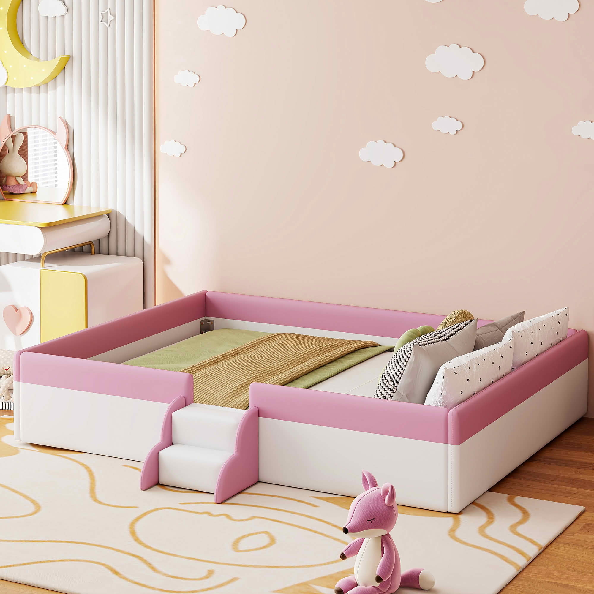 MAYEERTY Upholstered Floor Bed Frame with Fence & Staircase Design, Sturdy Slat Support & Easy Assembly