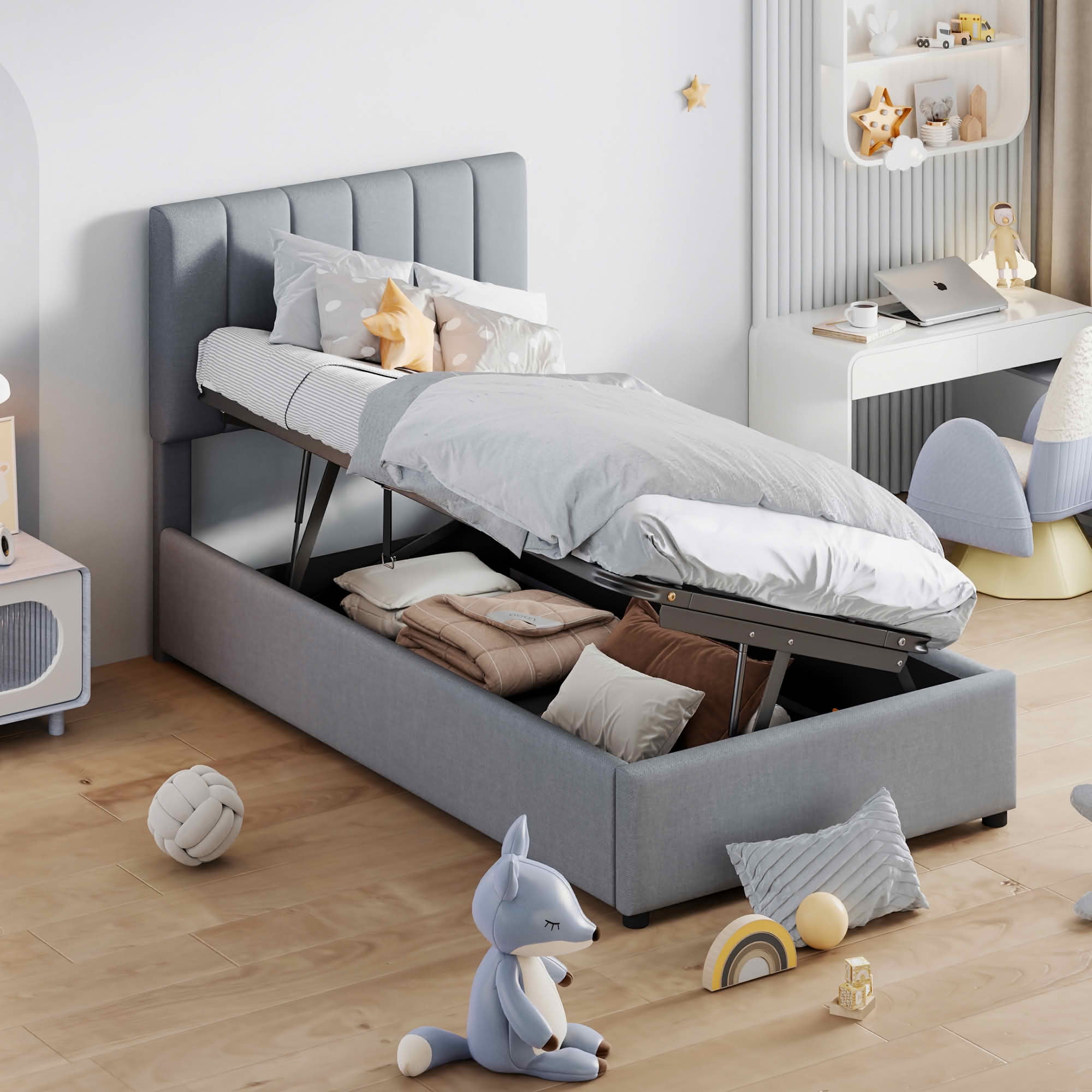 MAYEERTY Upholstered Platform Bed with Vertical Stripe Headboard & Spacious Underbed Storage, Sturdy Construction