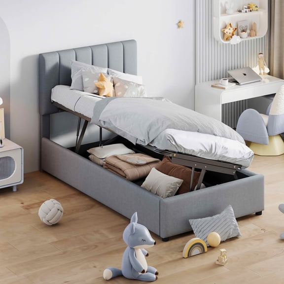 MAYEERTY Upholstered Platform Bed with Vertical Stripe Headboard & Spacious Underbed Storage, Sturdy Construction