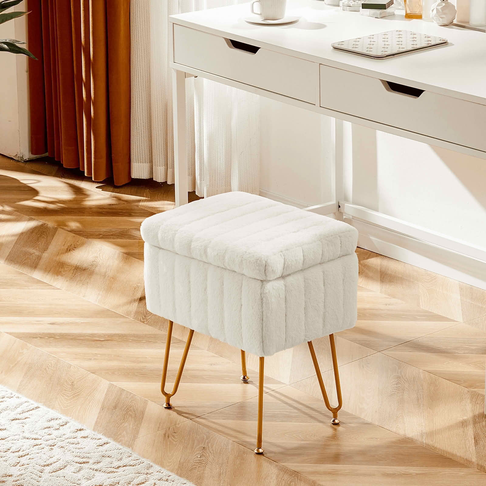 MAYEERTY Vanity Stool with Storage Faux Fur Soft Padded 4 Metal Legs