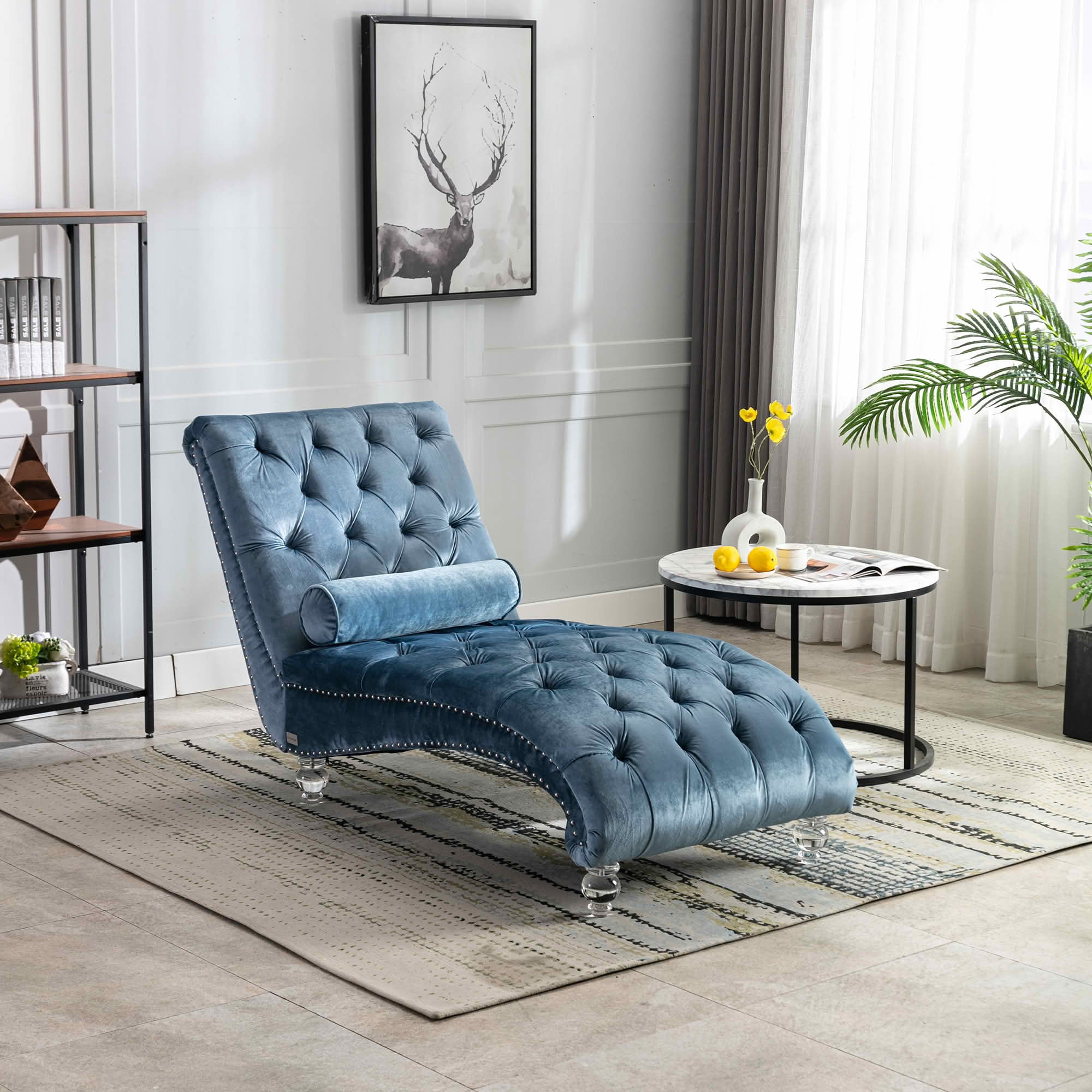 MAYEERTY Velvet Button Tufted Chaise Lounge with Pillow, Ergonomic S-Shape Indoor Lounge Chair with Wood Frame Acrylic Legs for Bedroom Living Room Office