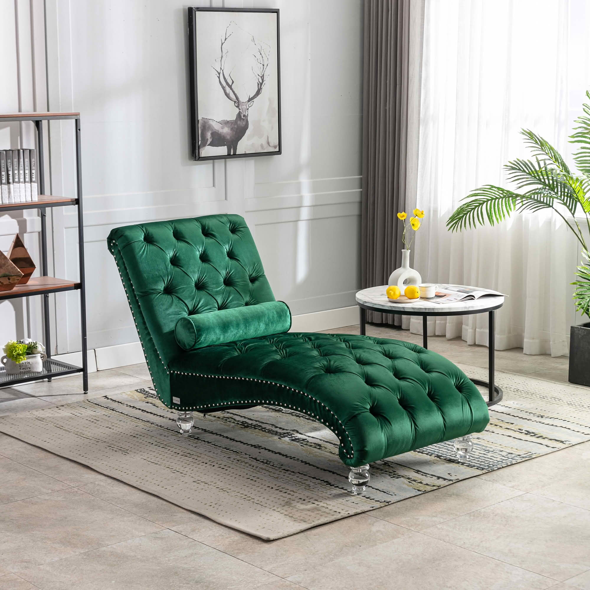 MAYEERTY Velvet Button Tufted Chaise Lounge with Pillow, Ergonomic S-Shape Indoor Lounge Chair with Wood Frame Acrylic Legs for Bedroom Living Room Office