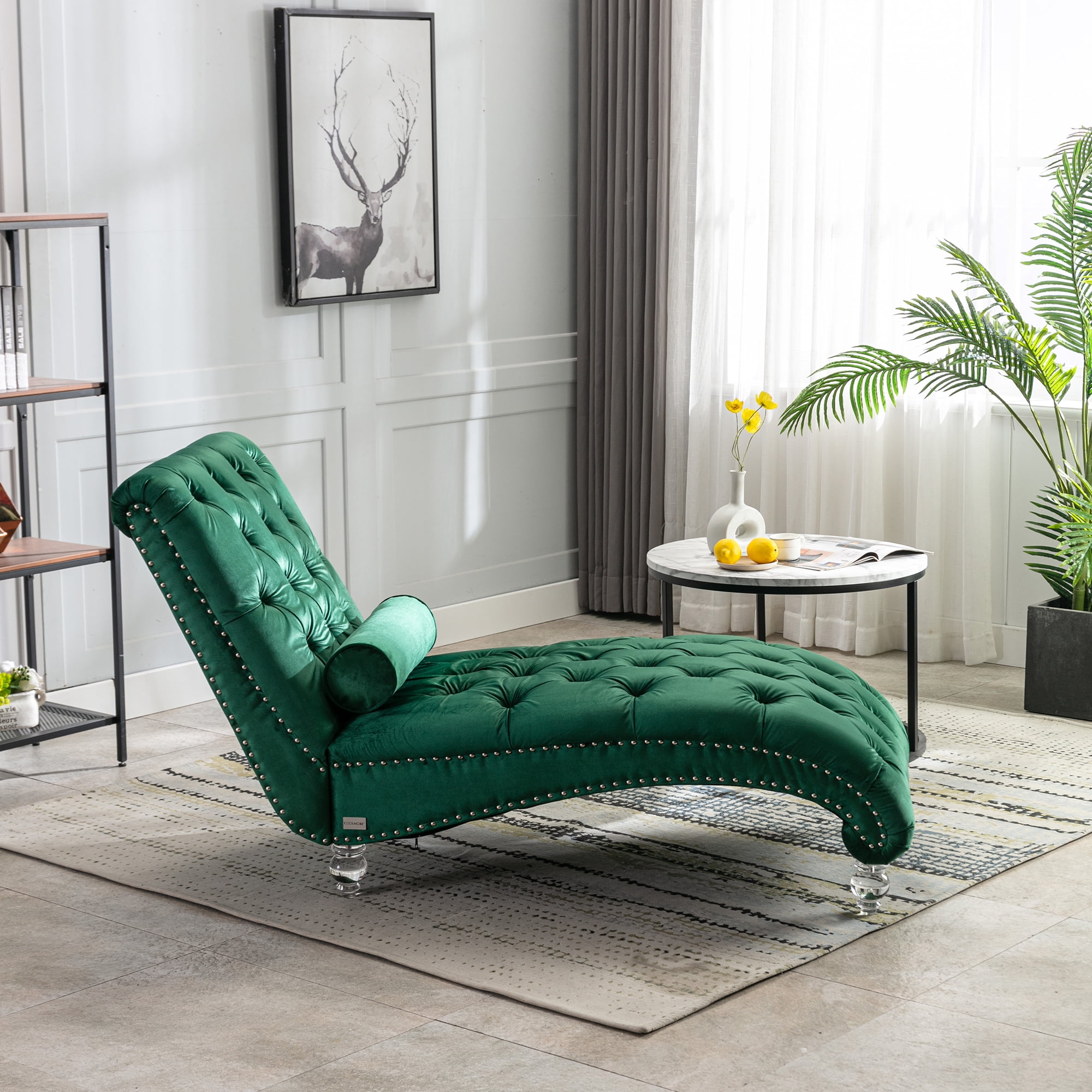 MAYEERTY Velvet Chaise Lounge Indoor,Button-Tufted Upholstered Chaise Lounge Chair with Pillow for Bedroom Living Room Office，Emerald Velvet