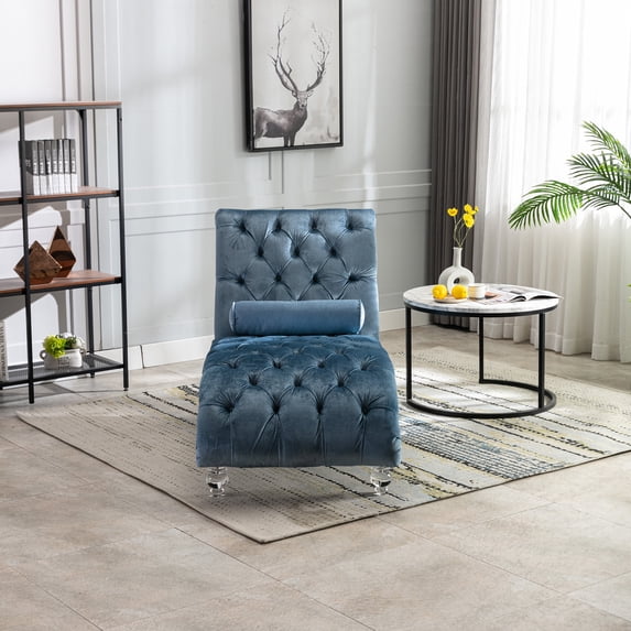 MAYEERTY Velvet Chaise Lounge Indoor,Button-Tufted Upholstered Chaise Lounge Chair with Pillow for Bedroom Living Room Office,Light Blue Velvet