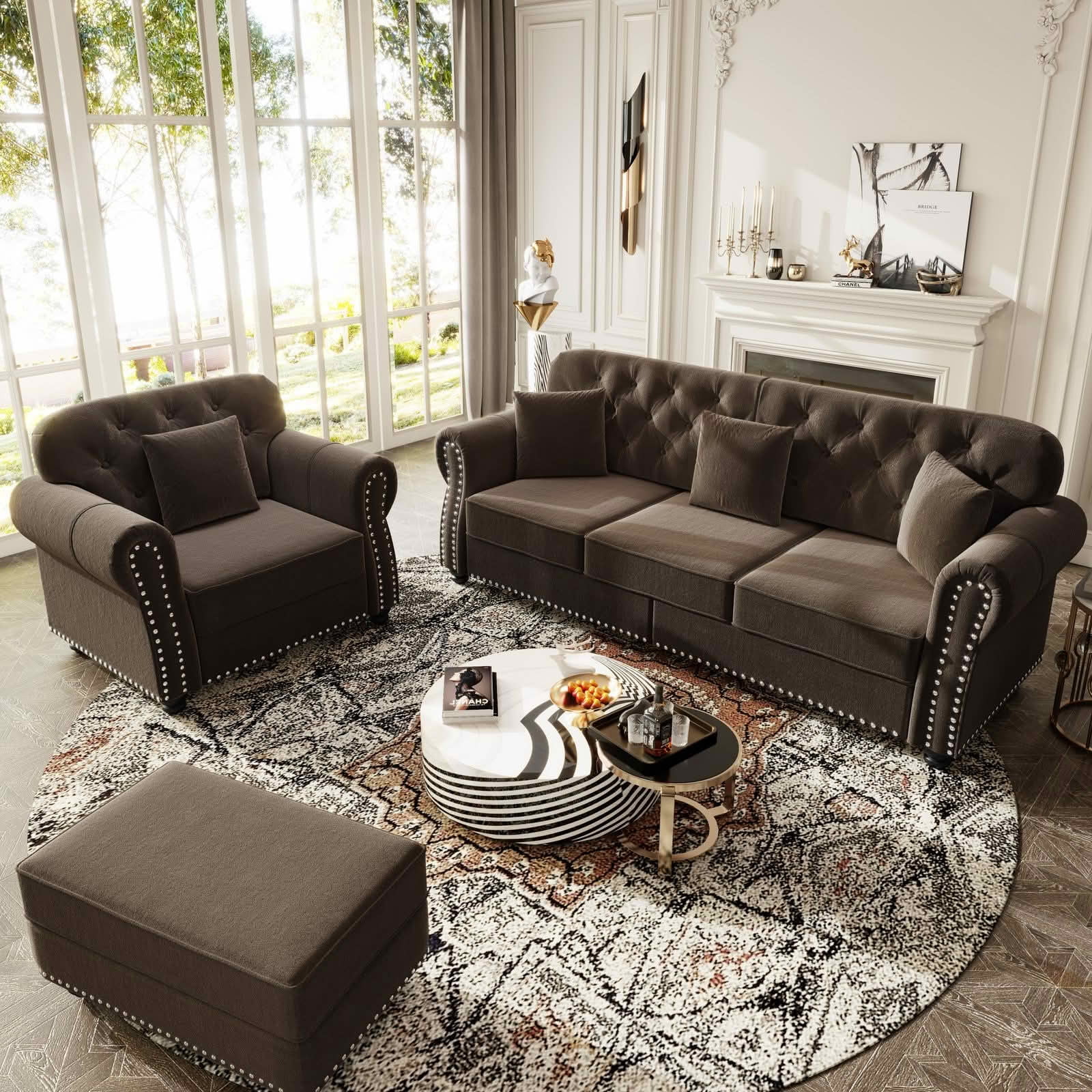 MAYEERTY Velvet Chesterfield 1&3‑Seat Sofa Set, Mid‑Century Modern Couches with Button Tufting, Nailhead Trim and Rolled Armrests, Comes with 1 Ottoman for Home Living Room