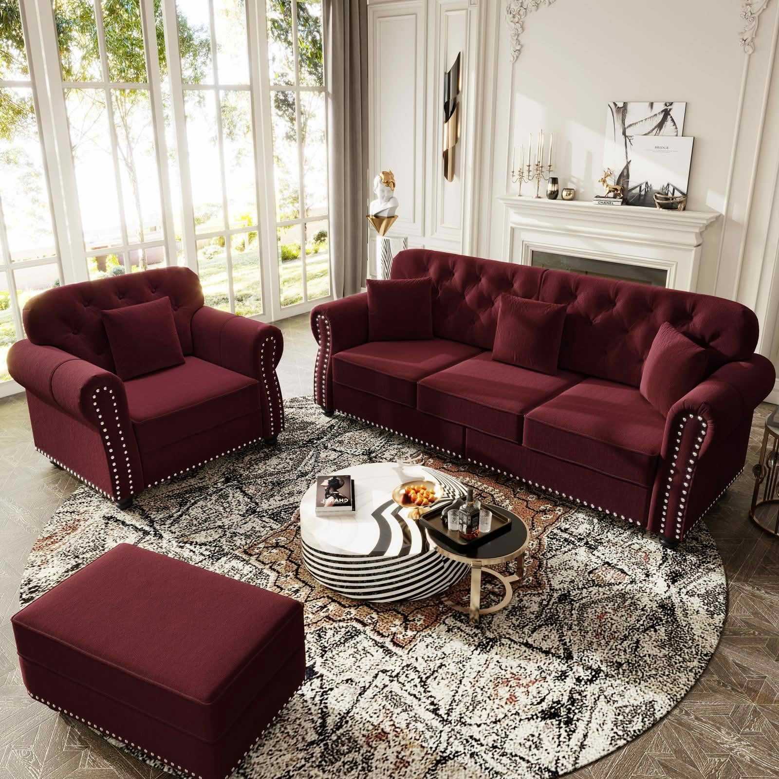 MAYEERTY Velvet Chesterfield 1&3‑Seat Sofa Set, Mid‑Century Modern Couches with Button Tufting, Nailhead Trim and Rolled Armrests, Comes with 1 Ottoman for Home Living Room