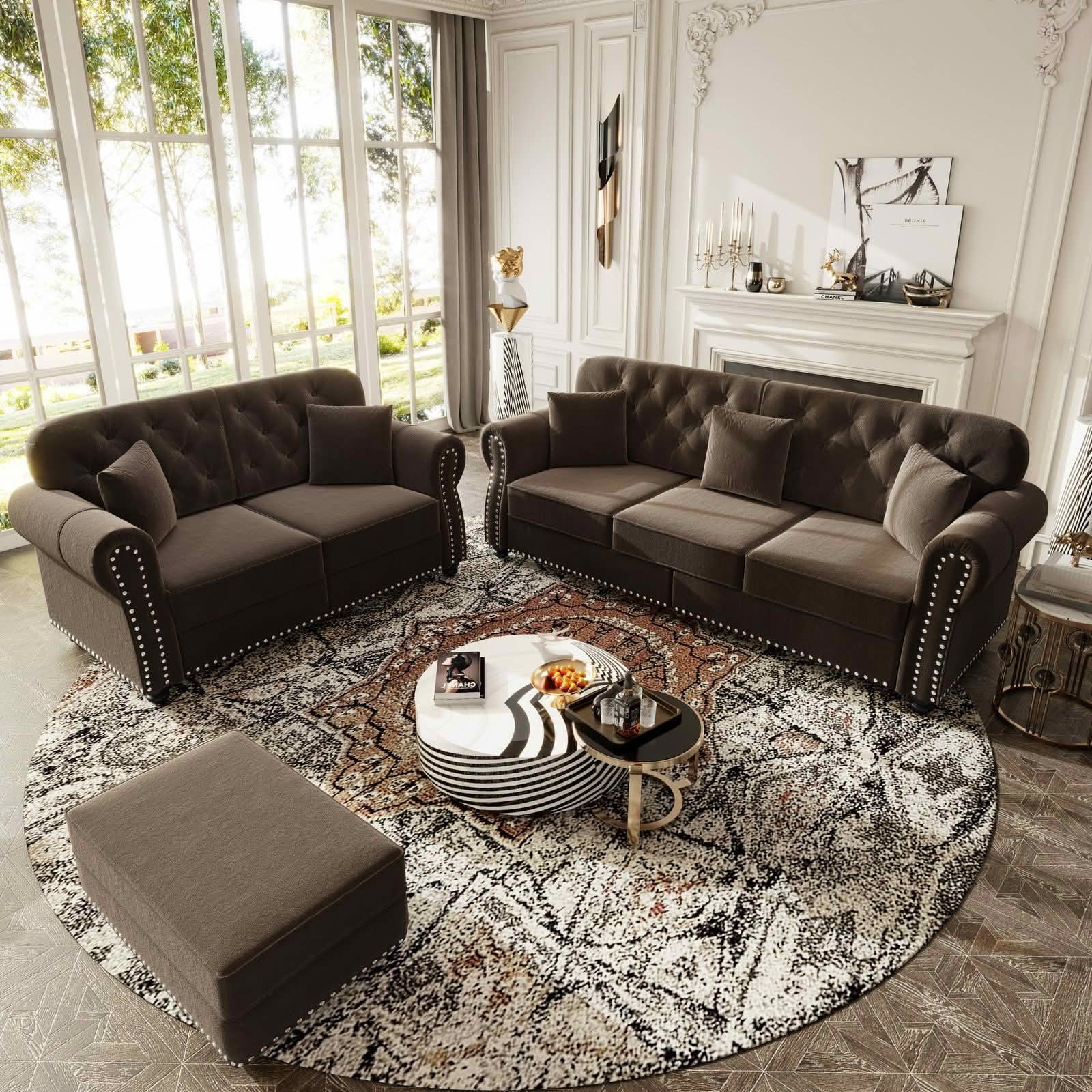 MAYEERTY Velvet Chesterfield 2&3‑Seat Sofa Set, Mid‑Century Modern Couches with Button Tufting, Nailhead Trim and Rolled Armrests, Comes with 1 Ottoman for Home Living Room