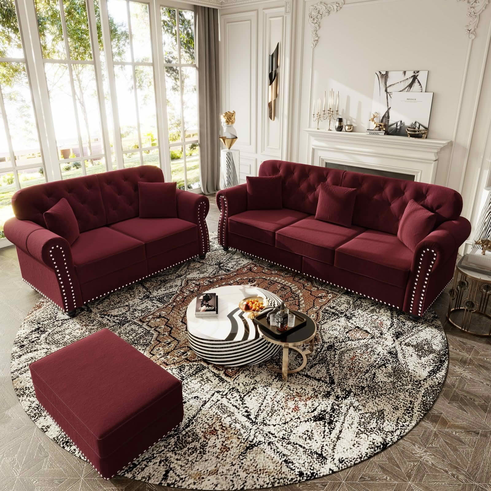 MAYEERTY Velvet Chesterfield 2&3‑Seat Sofa Set, Mid‑Century Modern Couches with Button Tufting, Nailhead Trim and Rolled Armrests, Comes with 1 Ottoman for Home Living Room