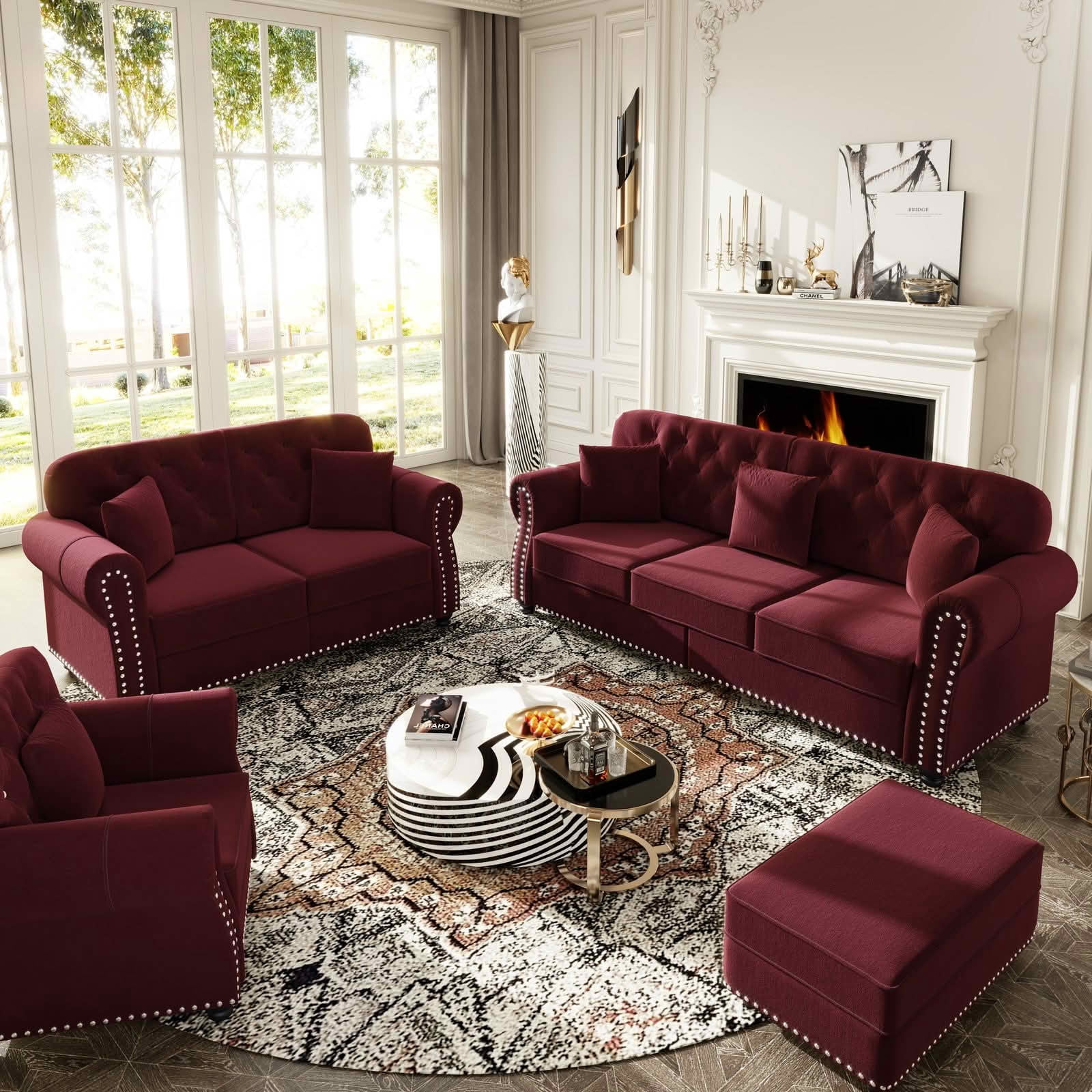 MAYEERTY Velvet Chesterfield Modular Sofa Set, Mid‑Century Modern Couch with Button Tufting, Nailhead Trim & Rolled Armrests, Comes with 1 Ottoman for Home Living Room