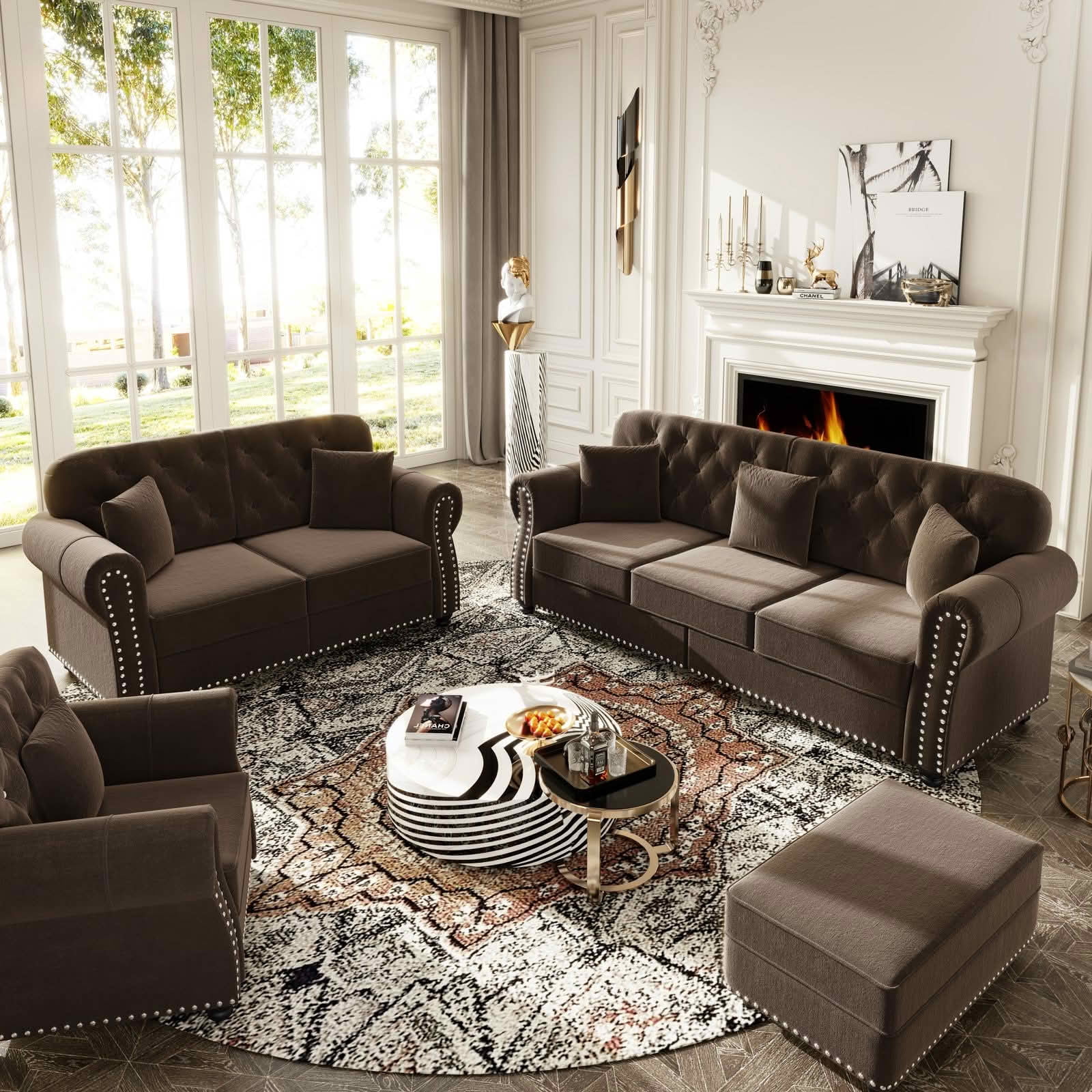 MAYEERTY Velvet Chesterfield Modular Sofa Set, Mid‑Century Modern Couch with Button Tufting, Nailhead Trim & Rolled Armrests, Comes with 1 Ottoman for Home Living Room