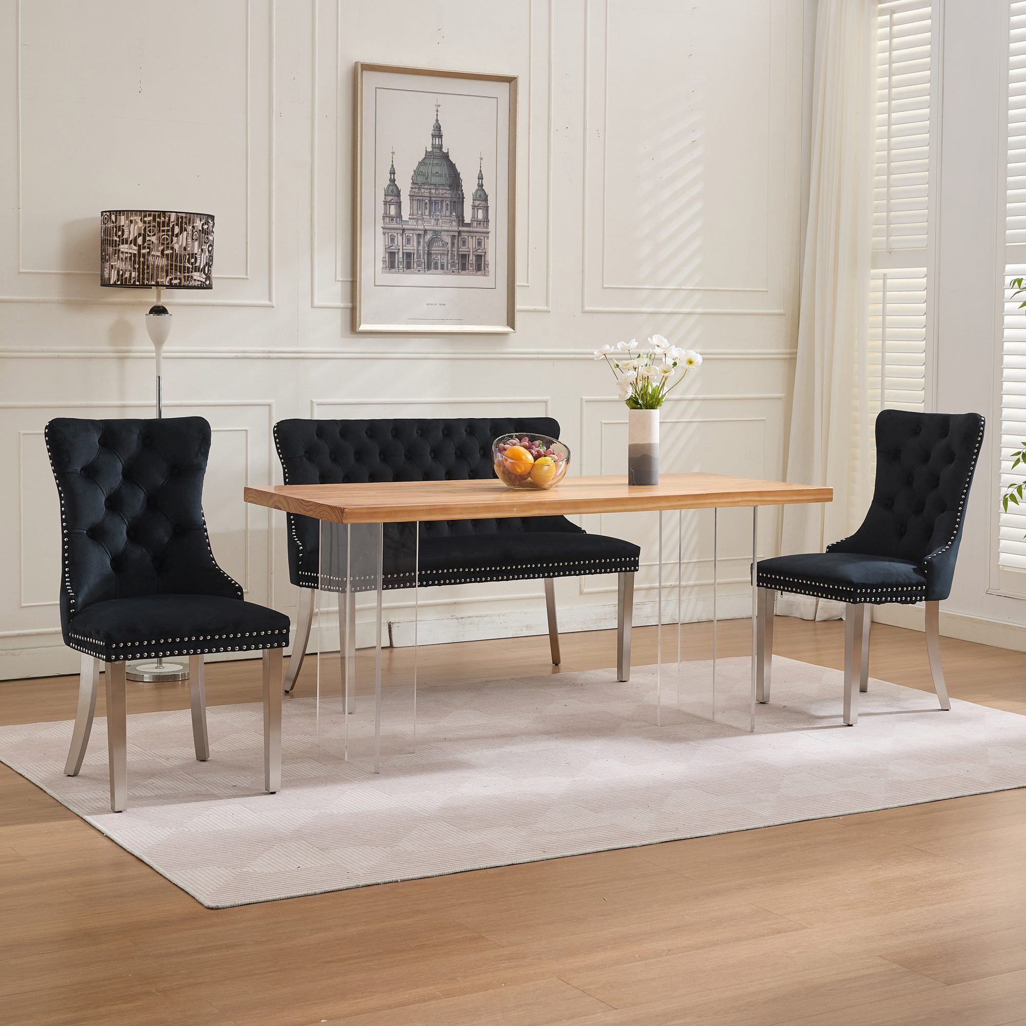 MAYEERTY Velvet Dining Loveseat Bench - 2-Seat, Tufted, Handmade Buttons, Wing Back, Brushed Silver Legs, Mid-Century Modern, Black, Single Pack