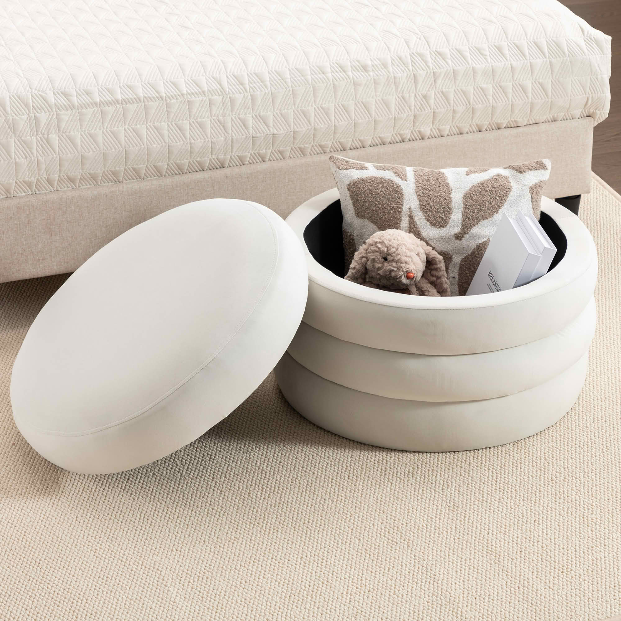 MAYEERTY Velvet Fabric Storage Round Ottoman Footrest Stool, with Wooden Shelving, Ivory