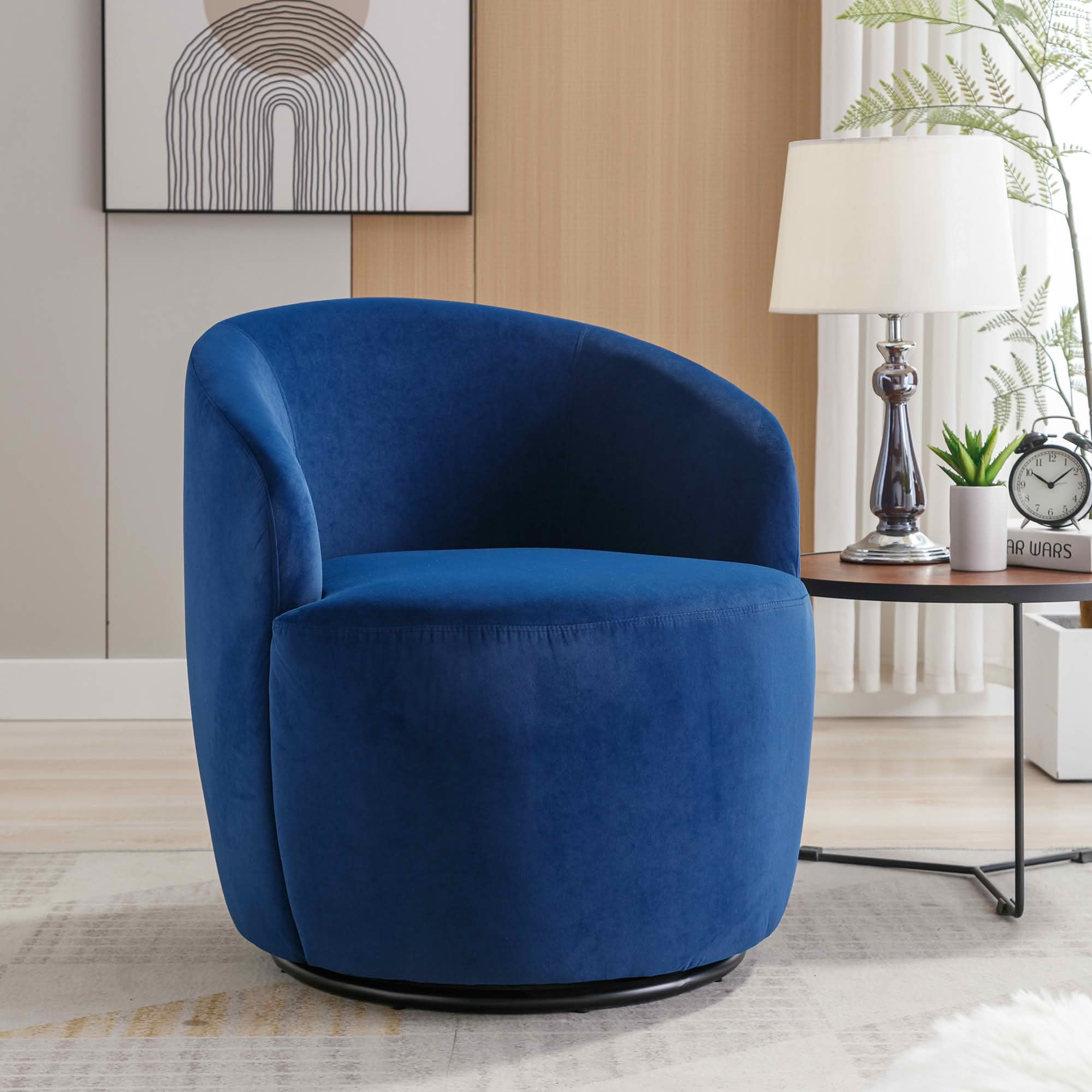 MAYEERTY Velvet Fabric Swivel Accent Armchair Barrel Chair, with Black Powder Coating Metal Ring, Blue