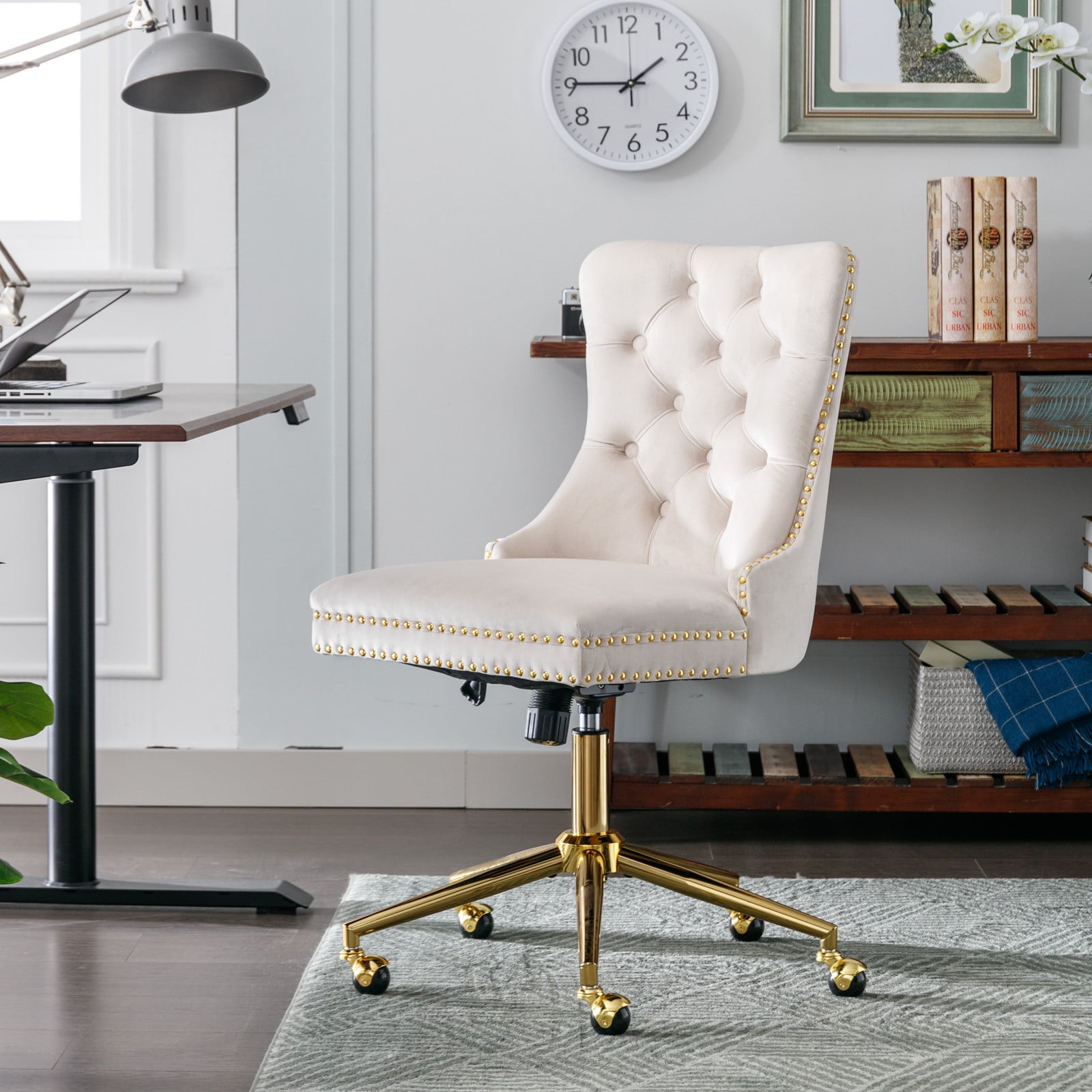 MAYEERTY Velvet Upholstered Office Chair - Tufted Buttons, Golden Metal Base, Adjustable Swivel, Beige