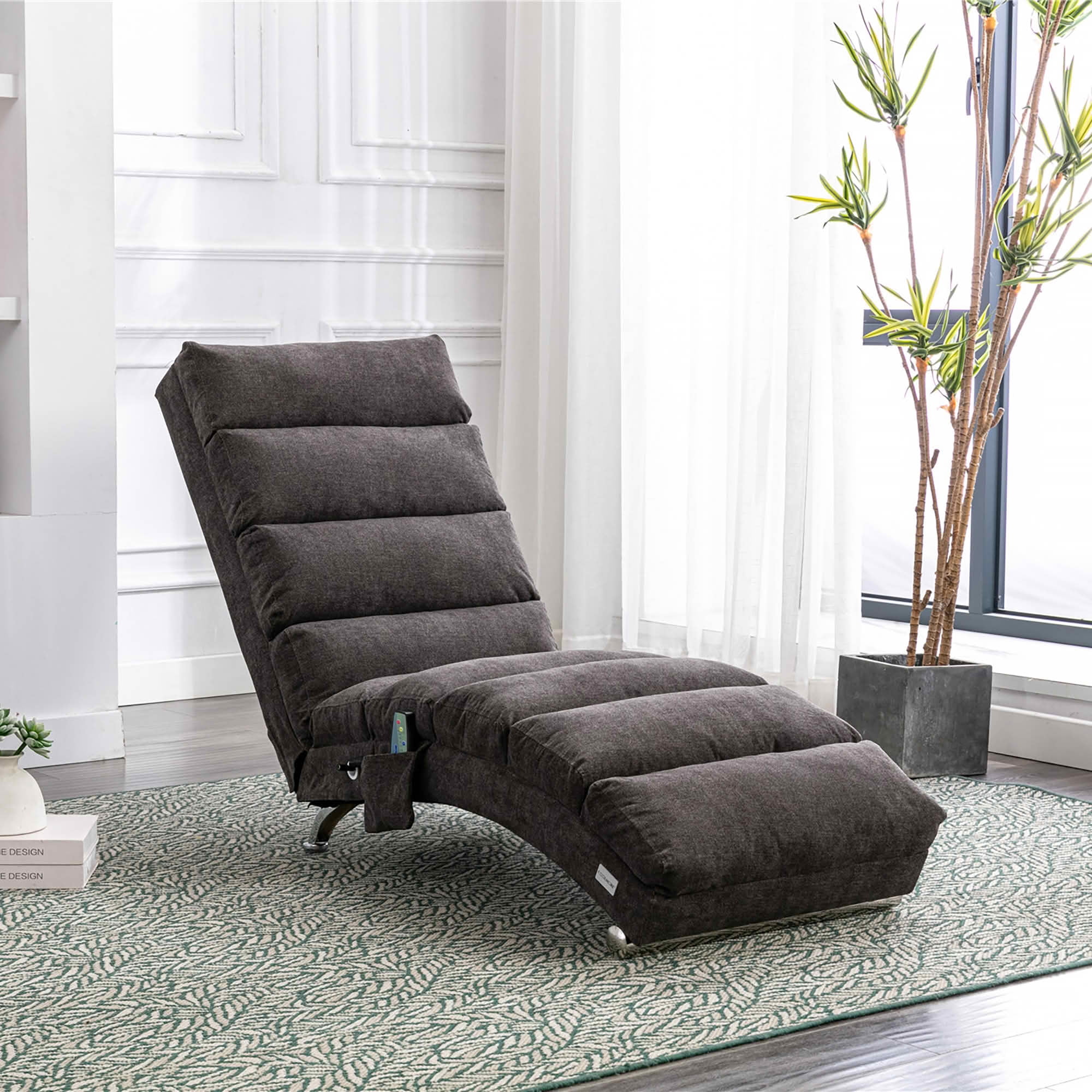 MAYEERTY Vibrating Upholstered Chaise Lounge Chair, Ergonomic Fixed Back Fabric Recliner Sofa with Side Pocket Remote Control for Living Room Bedroom