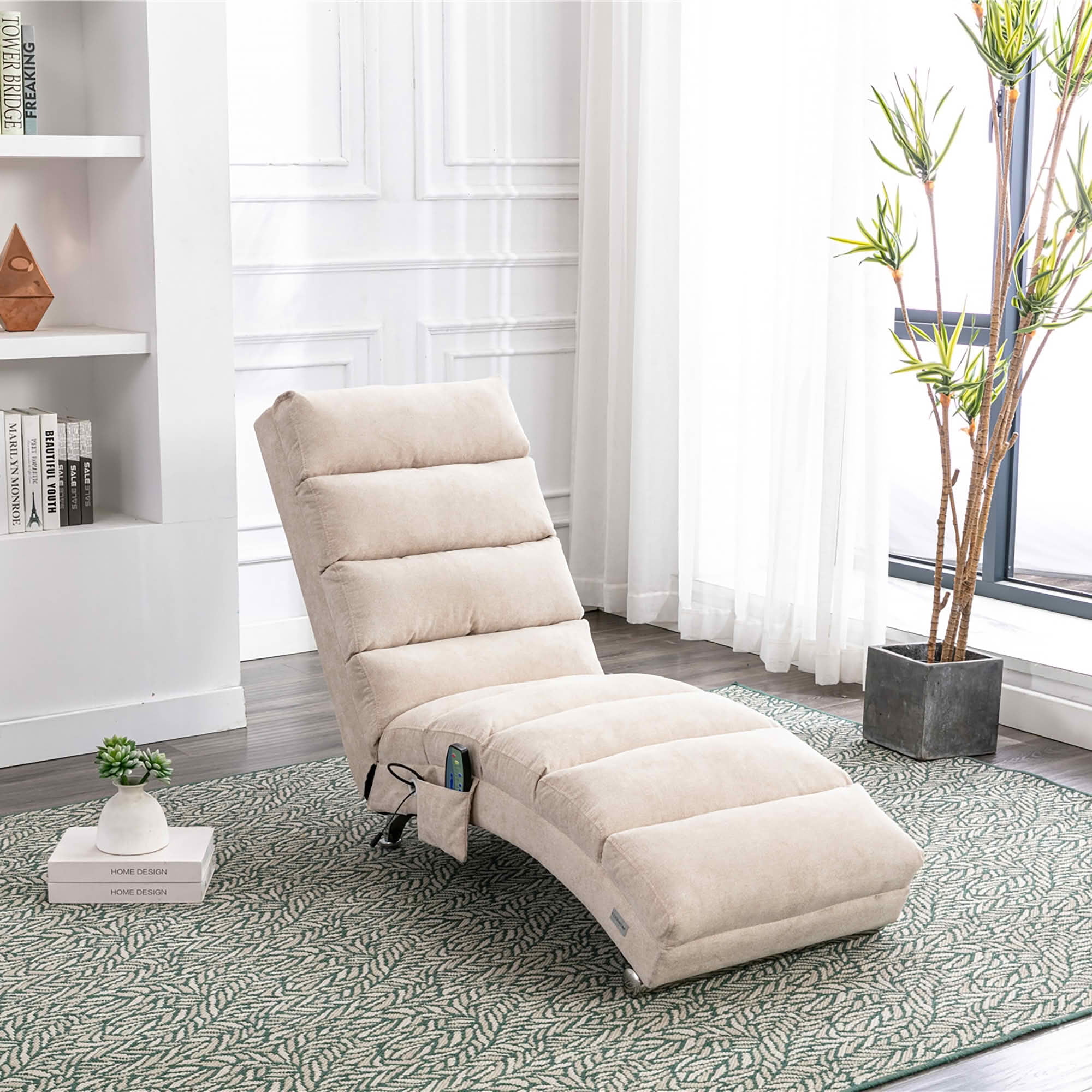 MAYEERTY Vibrating Upholstered Chaise Lounge Chair, Ergonomic Fixed Back Fabric Recliner Sofa with Side Pocket Remote Control for Living Room Bedroom