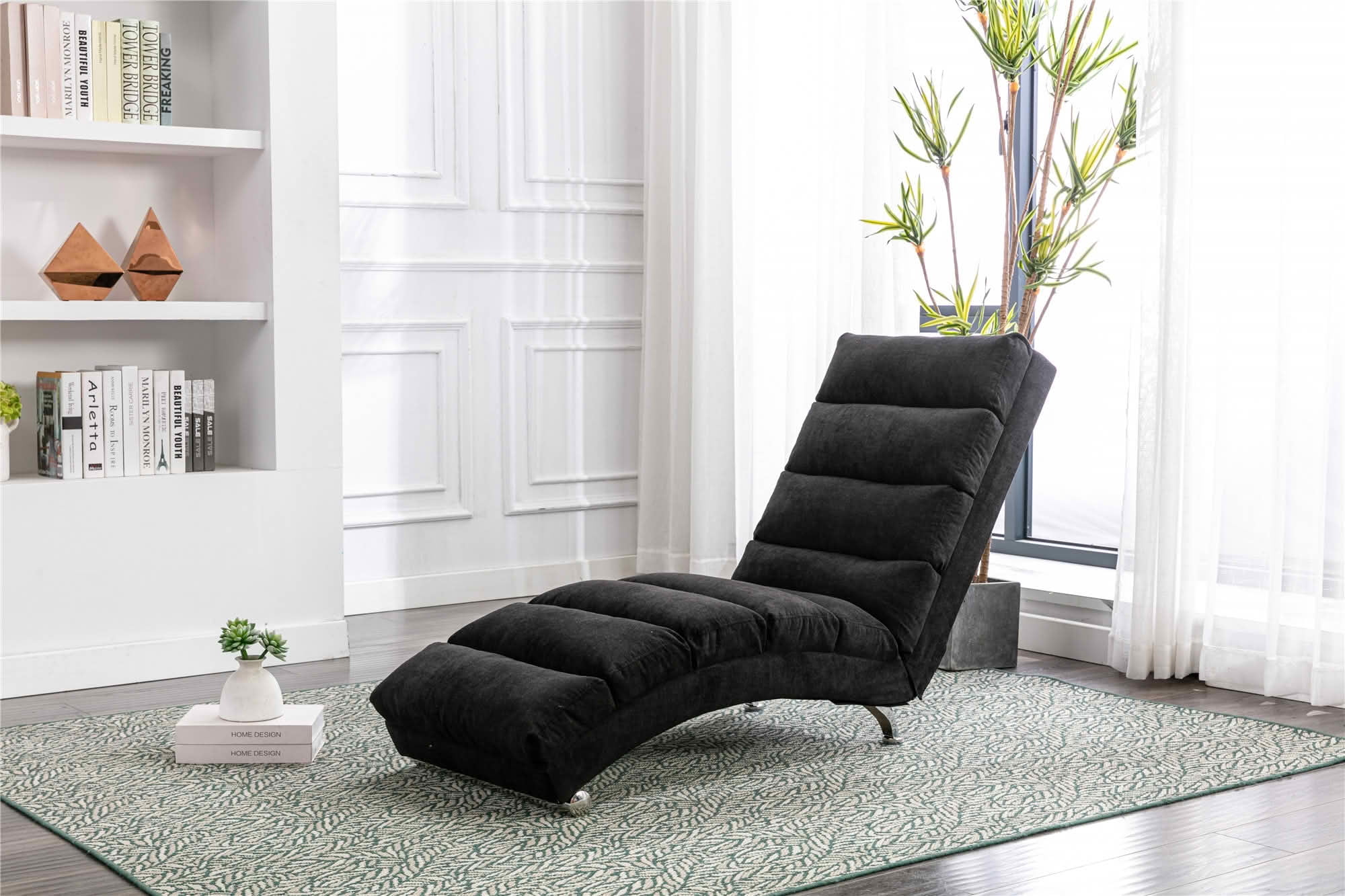 MAYEERTY Vibrating Upholstered Chaise Lounge Chair, Ergonomic Fixed Back Fabric Recliner Sofa with Side Pocket Remote Control for Living Room Bedroom