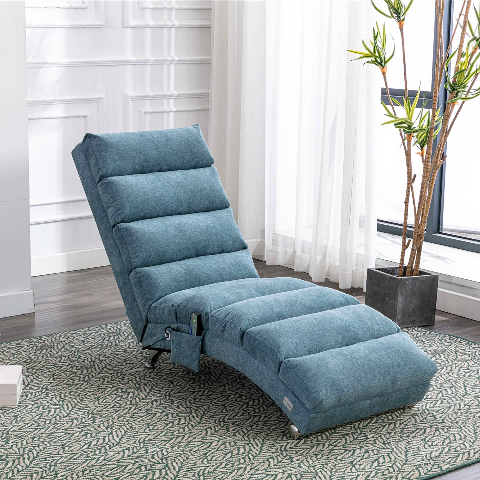 MAYEERTY Vibrating Upholstered Chaise Lounge Chair, Ergonomic Fixed Back Fabric Recliner Sofa with Side Pocket Remote Control for Living Room Bedroom