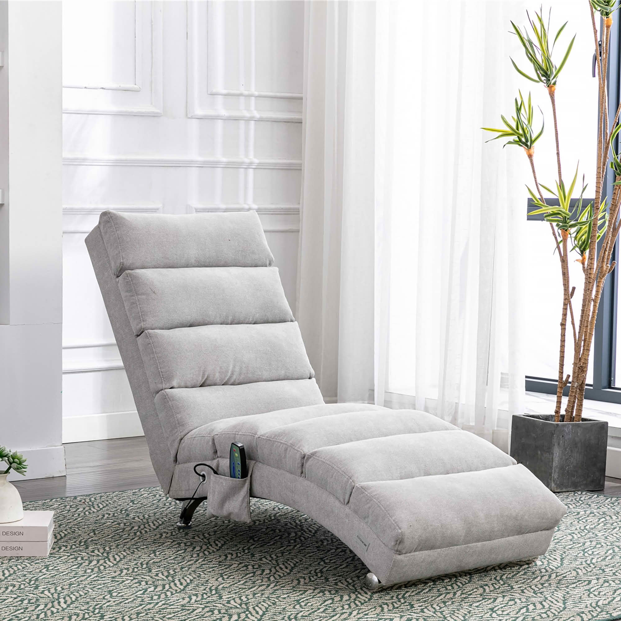 MAYEERTY Vibrating Upholstered Chaise Lounge Chair, Ergonomic Fixed Back Fabric Recliner Sofa with Side Pocket Remote Control for Living Room Bedroom